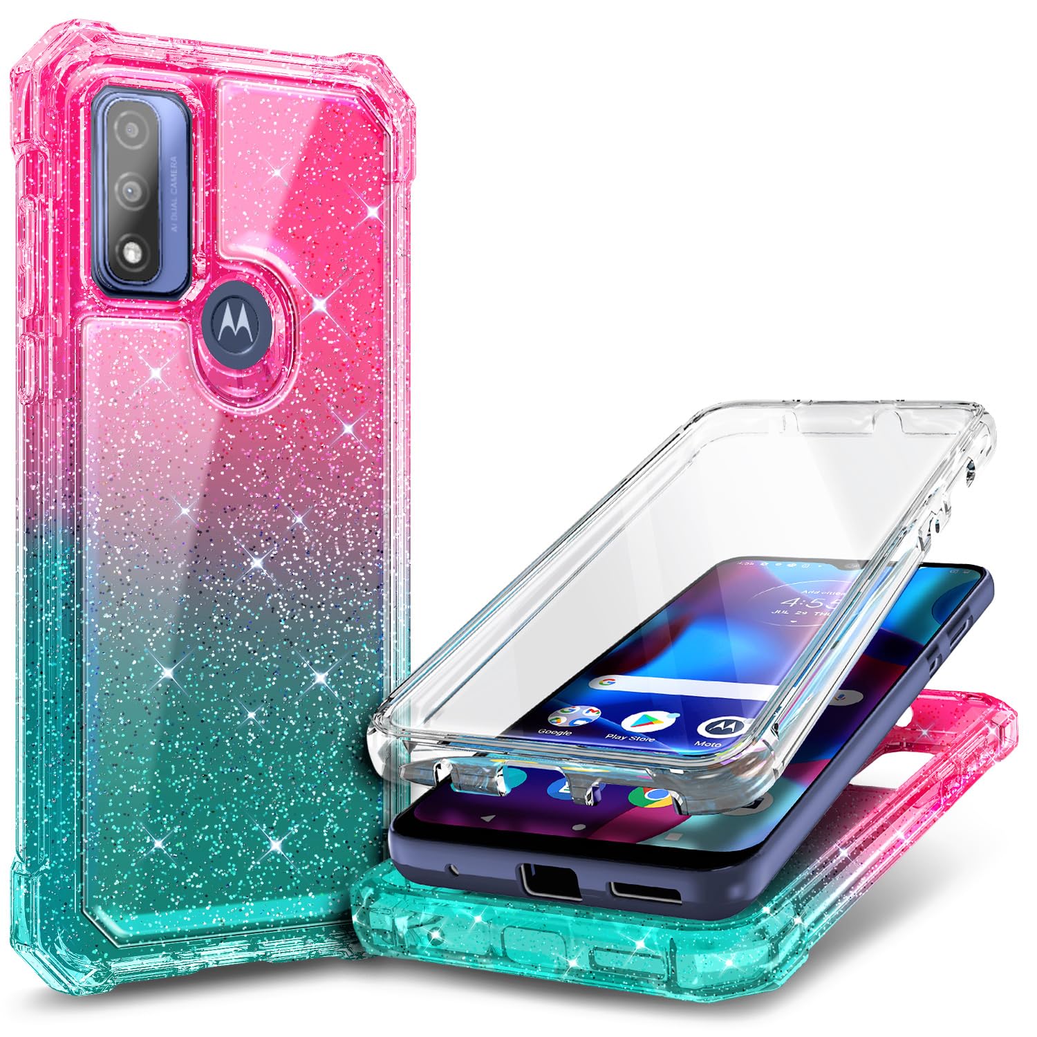 NZND Designed for Motorola Moto G Pure Case, Moto G Play 2023 /Power 2022 with [Built-in Screen Protector], Full-Body Protective Shockproof Bumper Glossy Stylish Case (Glitter Pink/Aqua)