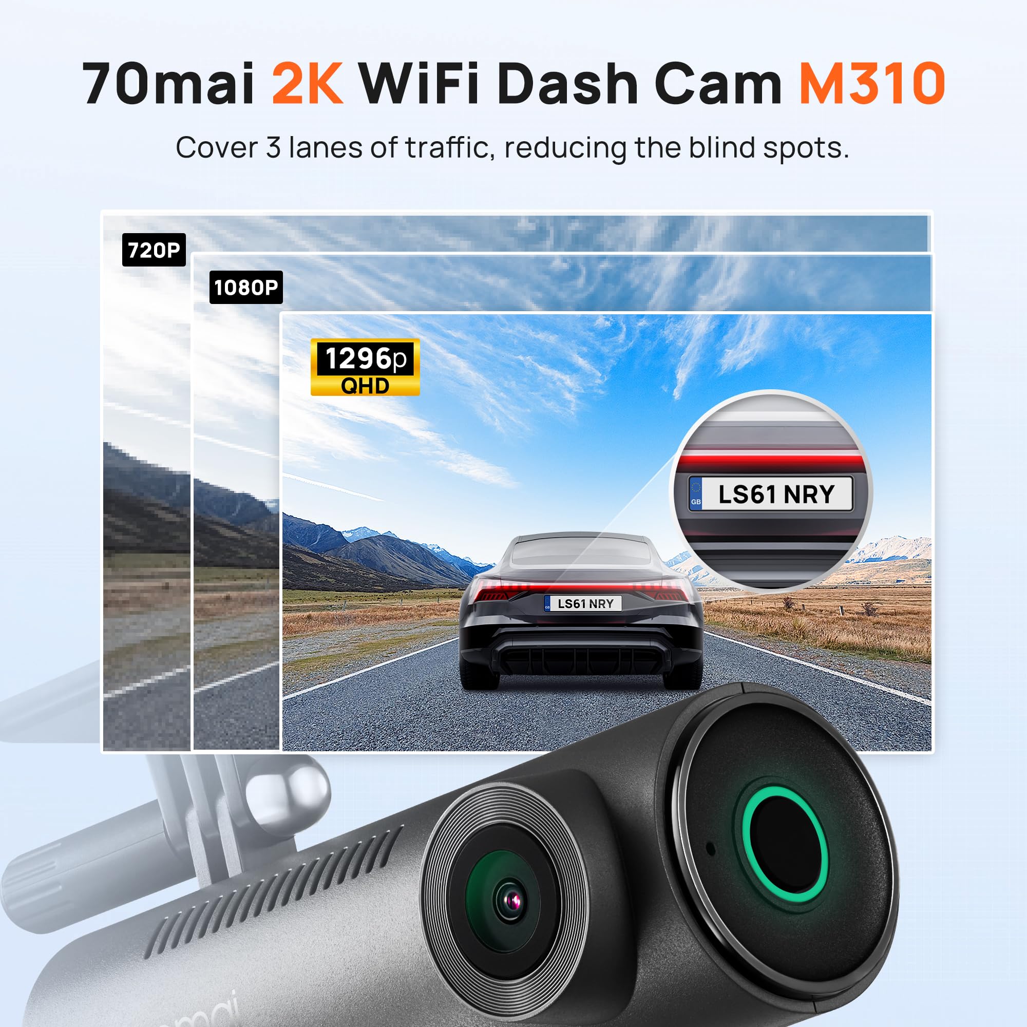 70mai Dash Cam M310, 1296P QHD, Built in WiFi Smart Dash Camera for Cars, 130° Wide-Angle FOV, WDR, Night Vision, iOS/Android Mobile App, Loop Recording, Parking Monitor, Time-Lapse