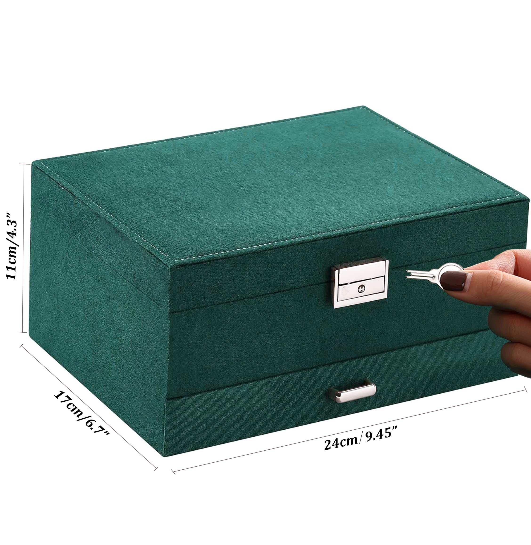 QBestry Jewelry Boxes for Women Earrings Jewelry Box Organizer for Women Green Jewelry Organizer with Lock,Velvet Jewelry Storage Box Jewelry Holder Organizer Jewelry Box for Necklace and Earring Ring