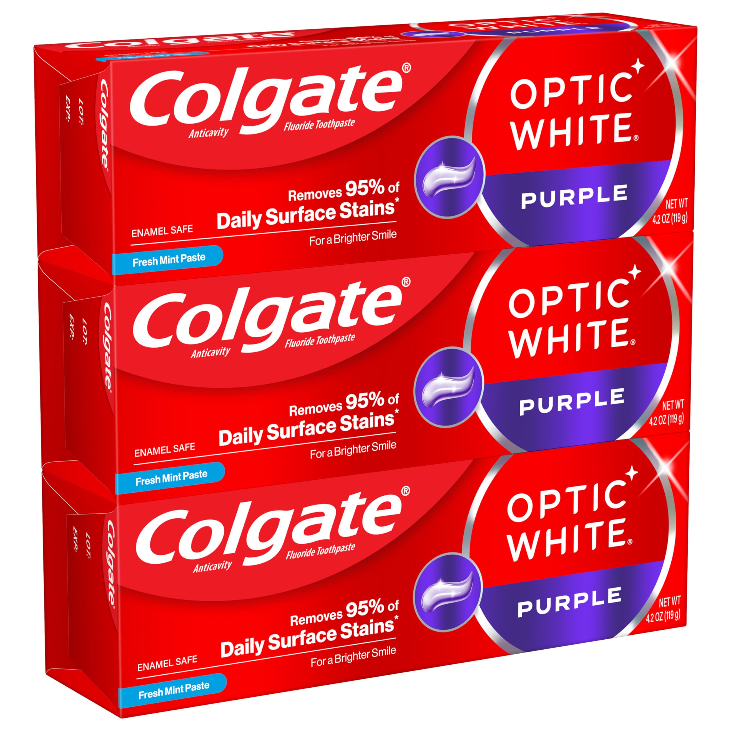 Colgate Optic White Purple Toothpaste for Teeth Whitening, Teeth Whitening Toothpaste with Fluoride, Helps Remove Surface Stains and Polishes Teeth, Enamel-Safe for Daily Use, Mint, 3 Pack, 4.2 oz