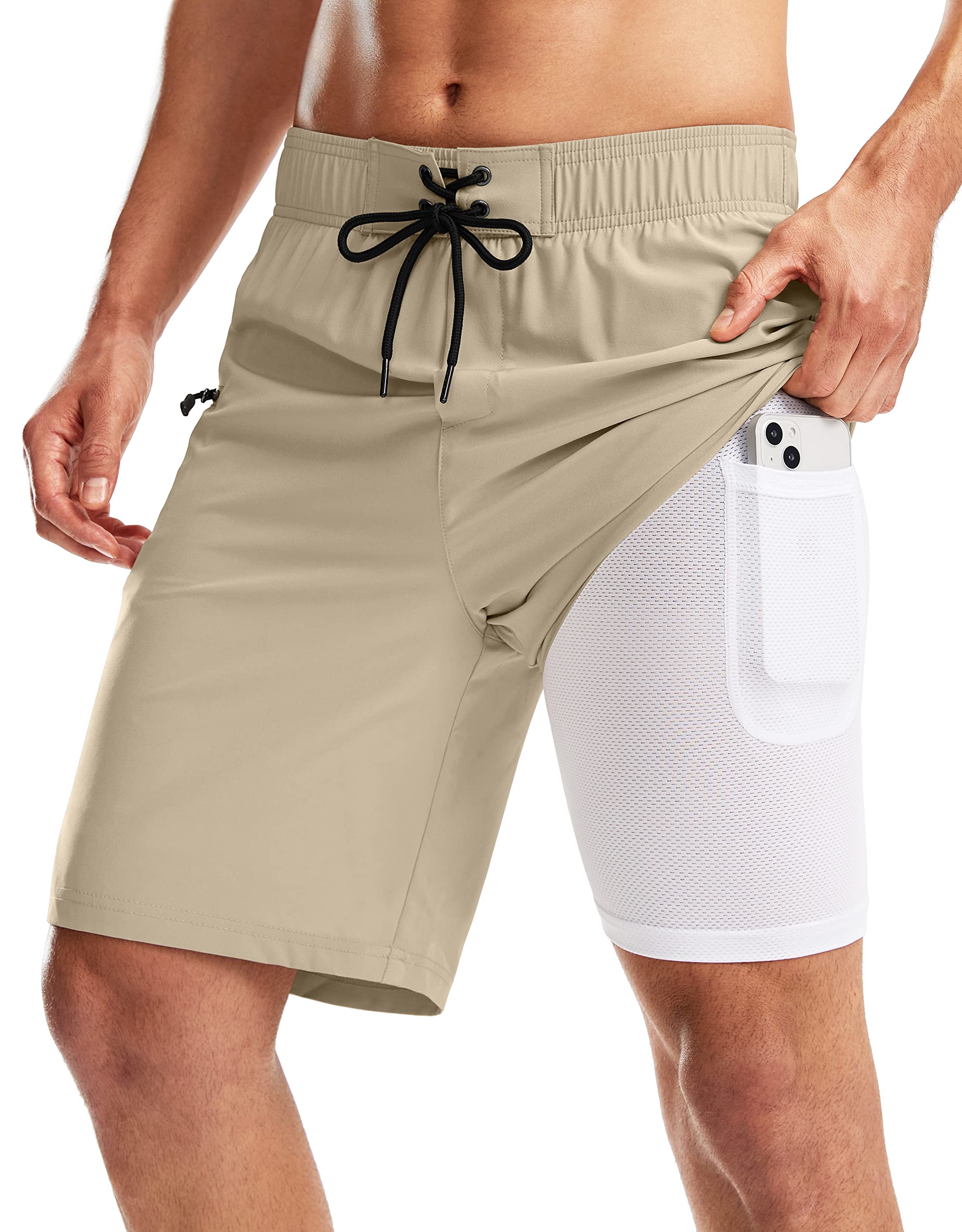 Pinkbomb Men's Swim Trunks with Compression Liner 9 Inch Quick Dry Swimsuit Swimming Swim Board Shorts for Men with Pockets (Khaki, XXXL)