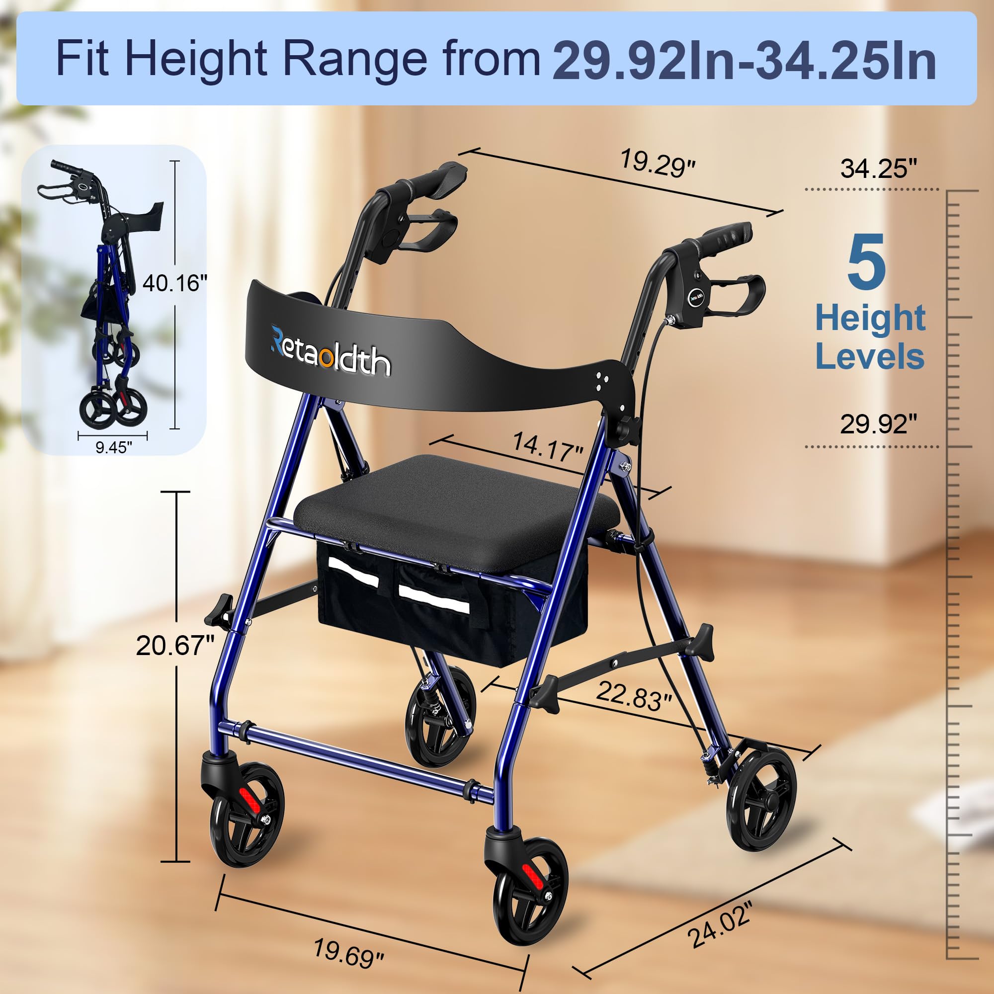 Foldable Rollator Walker with Seat for Seniors, Easy Folding & One-Hand Carry, Walkers for Seniors-All-Terrain Wheels, Height Adjustable Lightweight Rolling Walker for Elderly, Blue