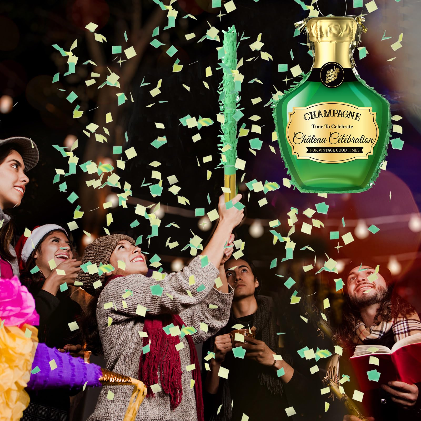 Panelee Adult Pinata with Stick Tassel Blindfold Confetti Beer Mug Pinatas Champagne Whisky Tequila Bottle Pinata Set for Adult Women Men Bachelor Birthday Wedding Anniversary Party (Fresh Champagne)