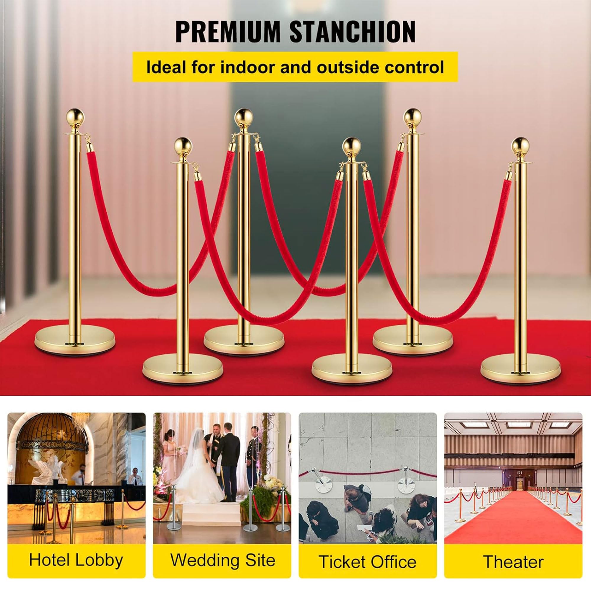 Vevor Velvet Ropes and Stanchion Post with Ball Top and Four Way Connection for Crowd Control Barriers, Safety, and Protection, Gold