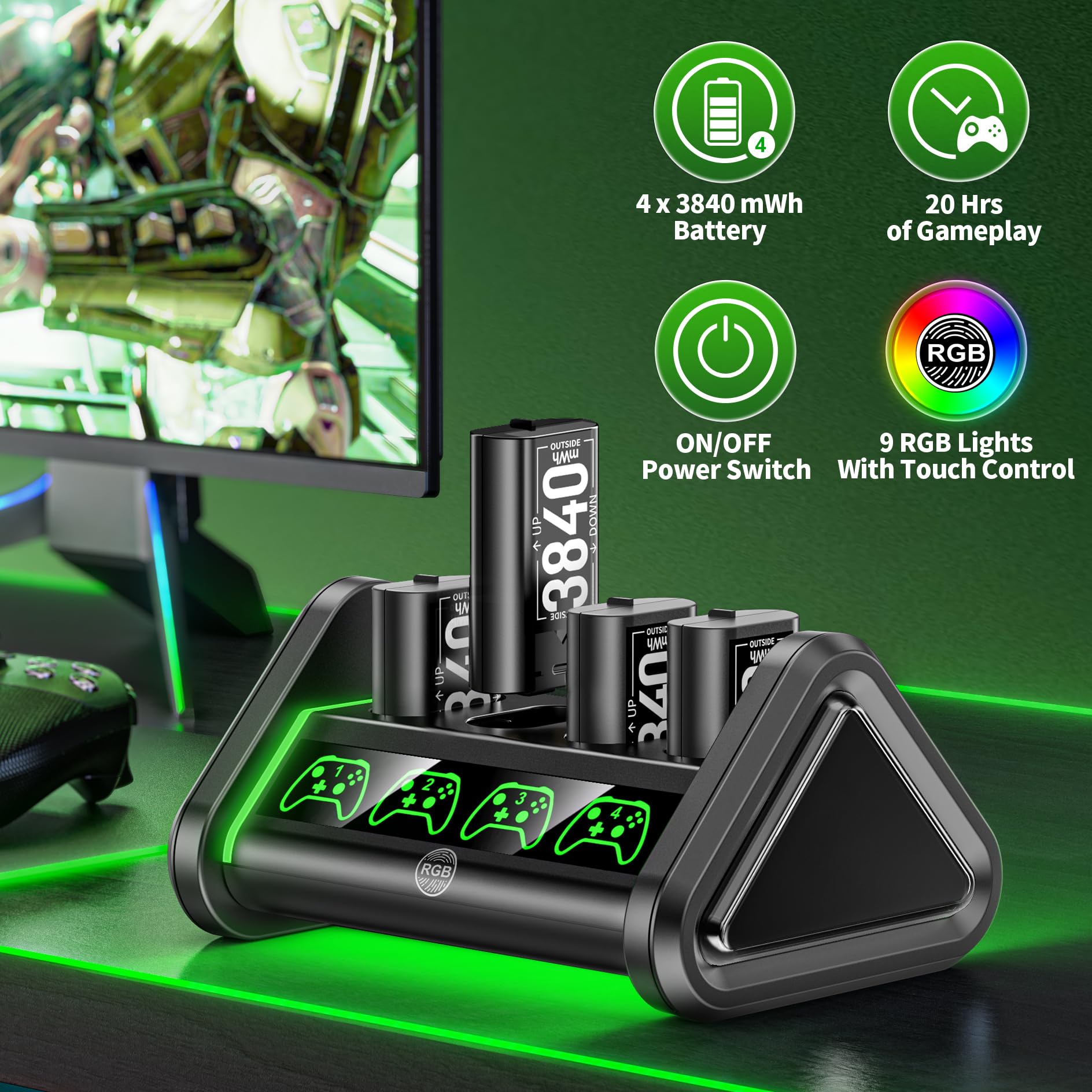 Rechargeable Battery for XboxOne/Xbox Series X|S, 4 x 3840mWh Batteries for Xbox, Xbox Series Controller Battery with Charger for XboxOne S|X /Elite