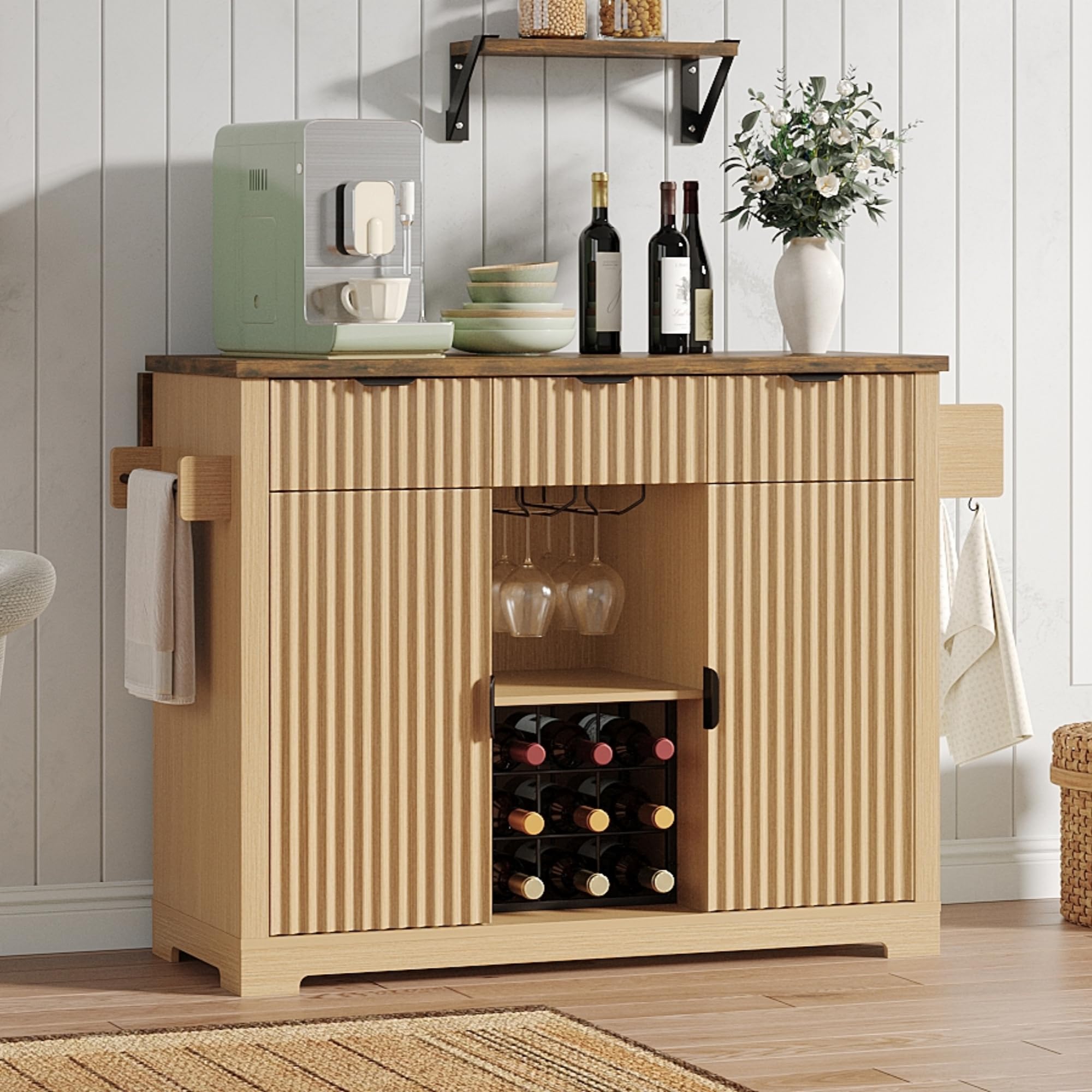 Maupvit 50" Fluted Sideboard Cabinet with Foldable Tabletop, Mobile Buffet Storage Cabinet with 2 Adjustable Cabinets, 3 Drawers, Wine & Glass Rack for Kitchen Dining Room,Natural