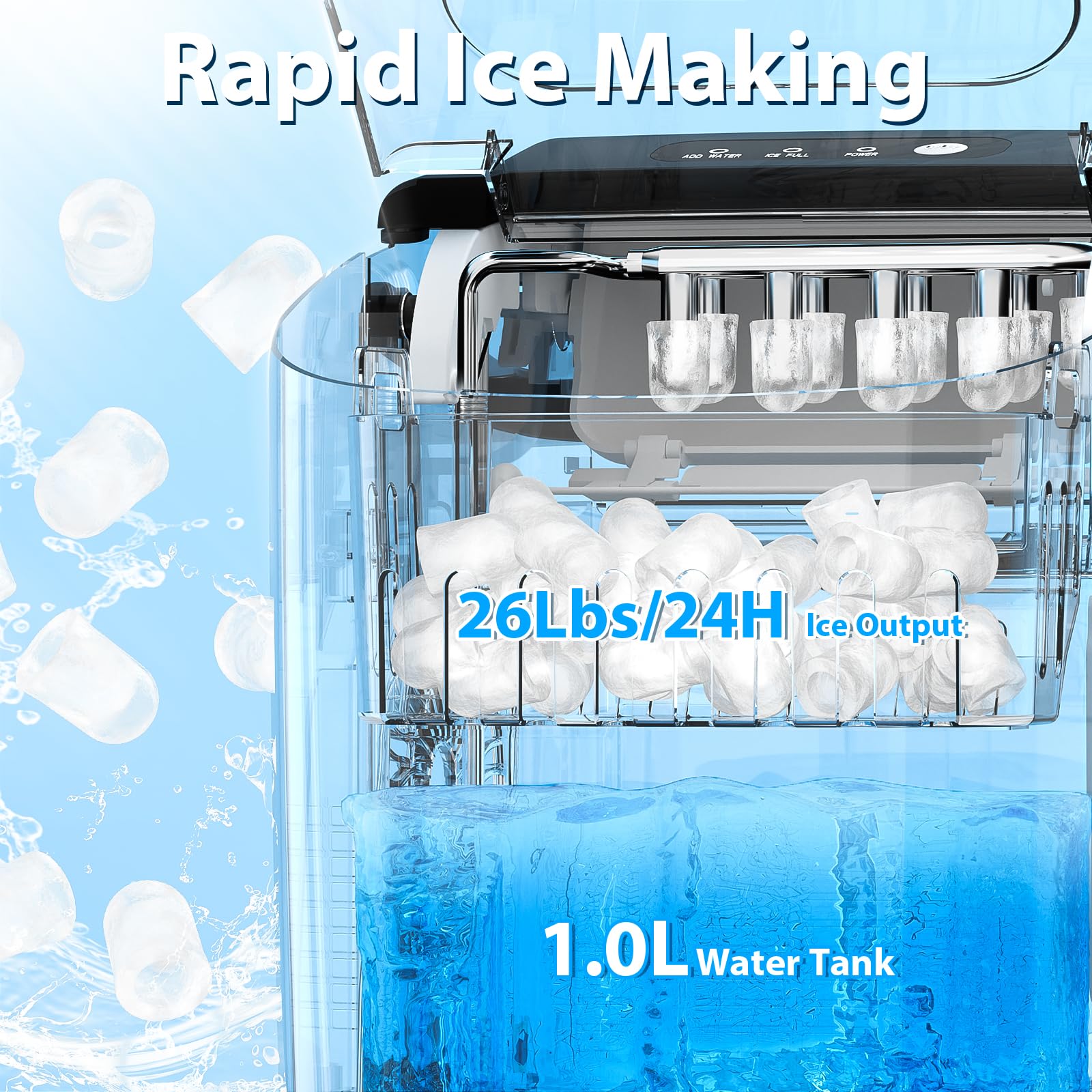 Antarctic Star Countertop Ice Maker Portable Ice Machine with Handle,Self-Cleaning Ice Makers, 26Lbs/24H, 9 Ice Cubes Ready in 6 Mins for Home Kitchen Bar Party (Black)