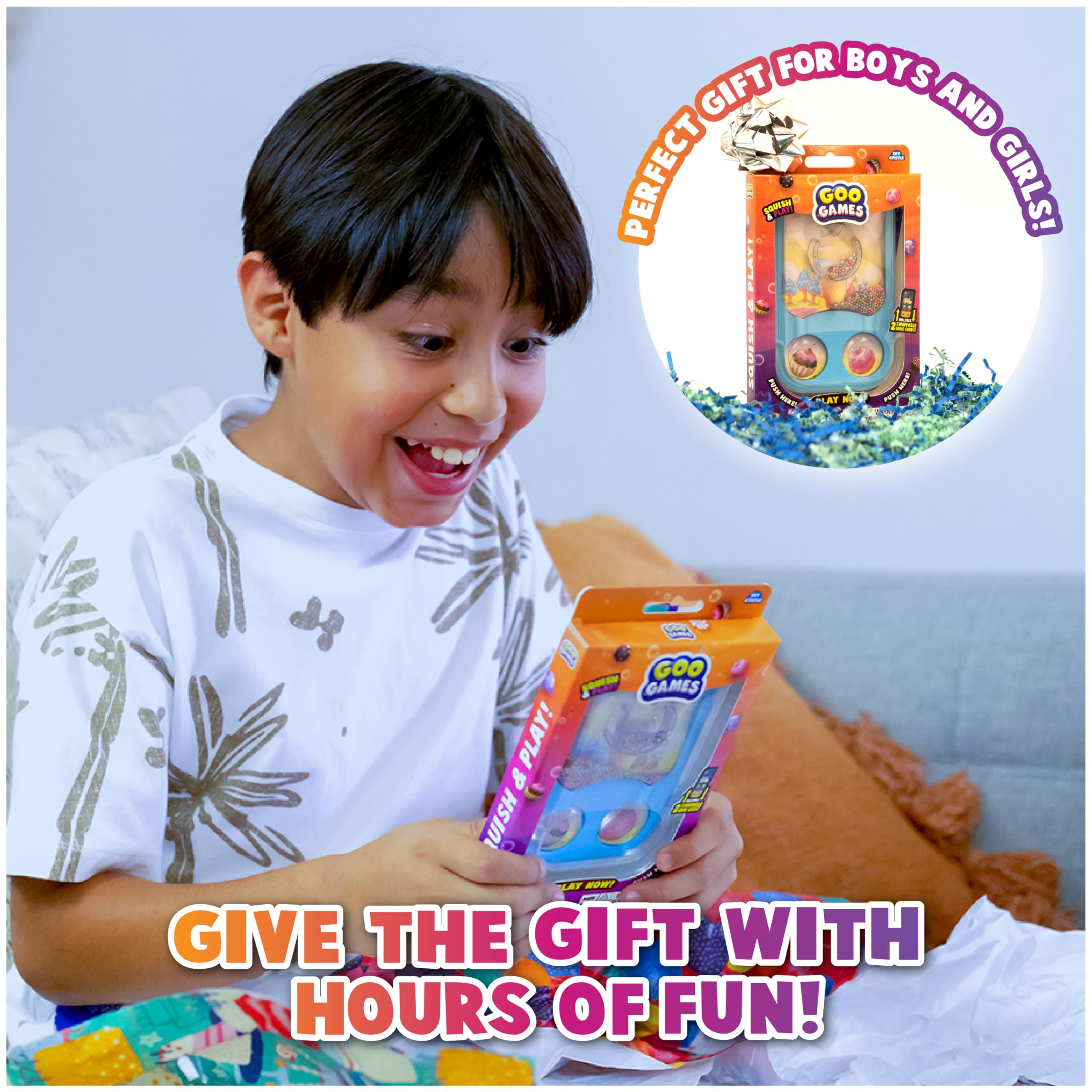 GooGames, Hand-Held Water Games with Floating Treasures, Sensory Fidget Game Adventures, Non-Toxic, No-Mess, Mesmerizing Glitter Fun, 3 Game Cards Included, Refillable, Perfect Travel Toy! (Candies)