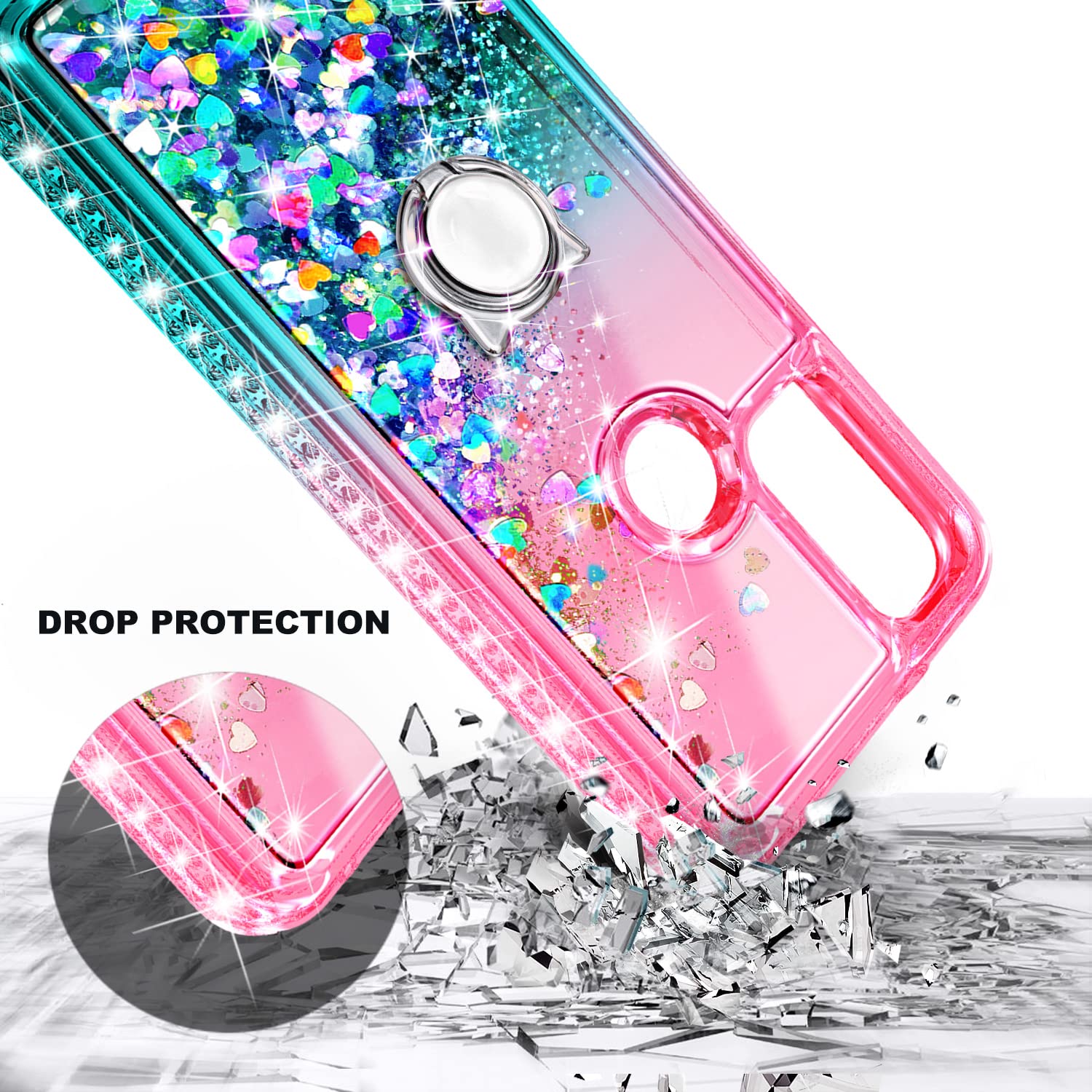 NZND Case for Motorola Moto G Pure/Moto G Play 2023/ Power 2022 with Tempered Glass Screen Protector, Ring Holder/Wrist Strap, Glitter Floating Liquid Waterfall Girls Cute Phone Case (Pink/Aqua)