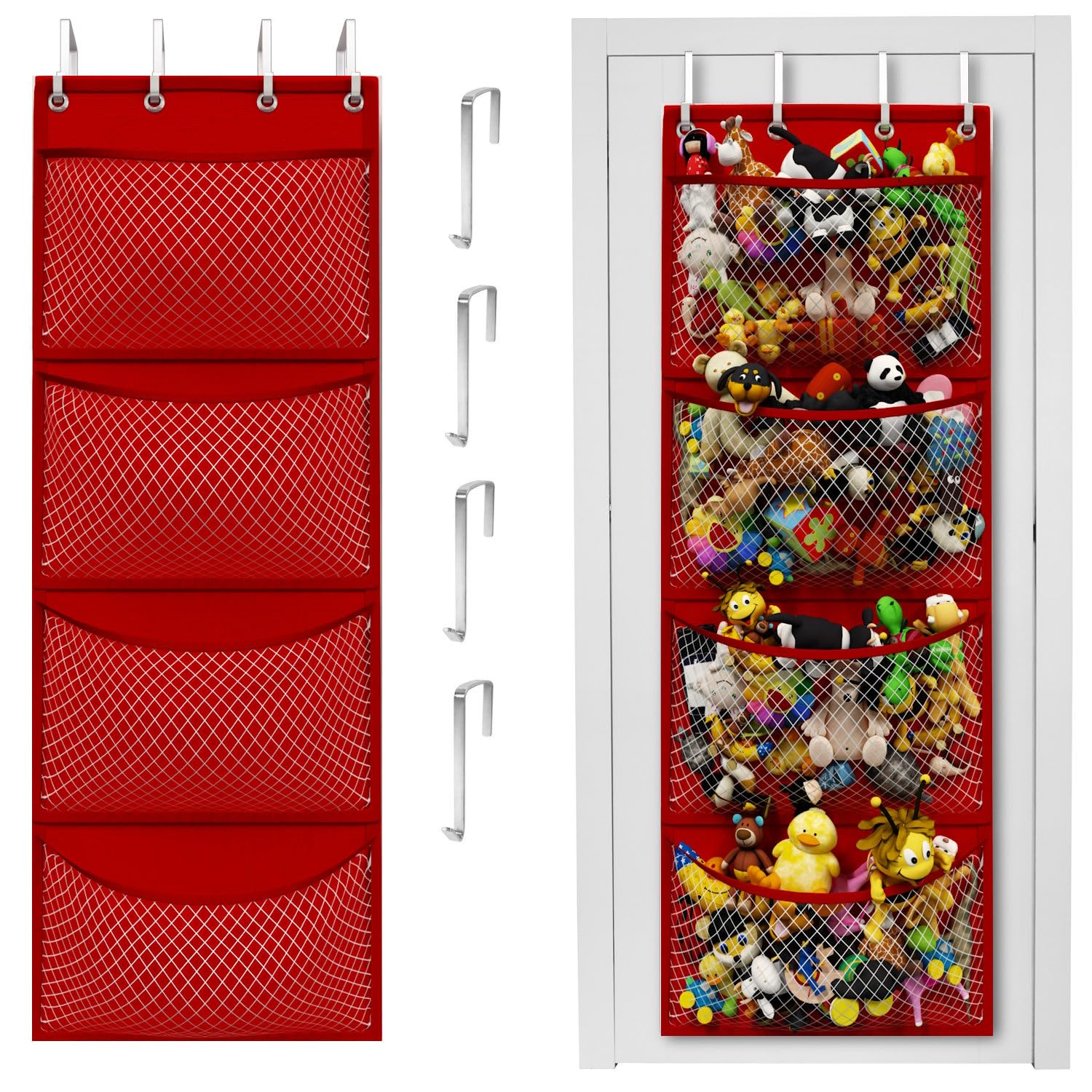 Honeyera Complete Plush & Toy Storage Bundle Red Stuffed Animal Organizer & Squishmallow Holder – Quick Install, Perfect for Small Spaces