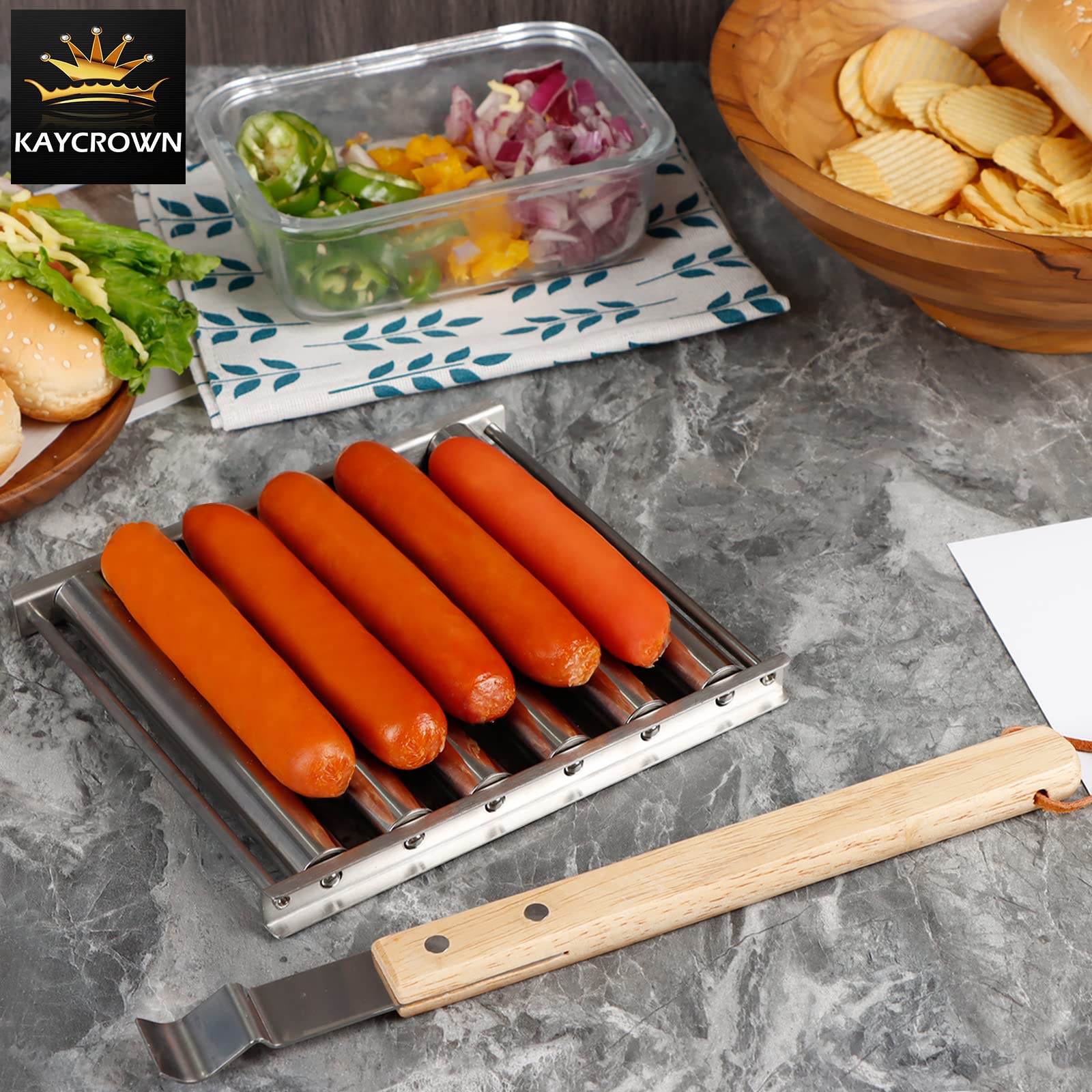 KAYCROWN Hot Dog Roller Stainless Steel Sausage Roller Rack with Extra Long Wood Handle, BBQ Hot Dog Griller For Evenly Cooked Hot Dogs, 5 Hot Dog Capacity