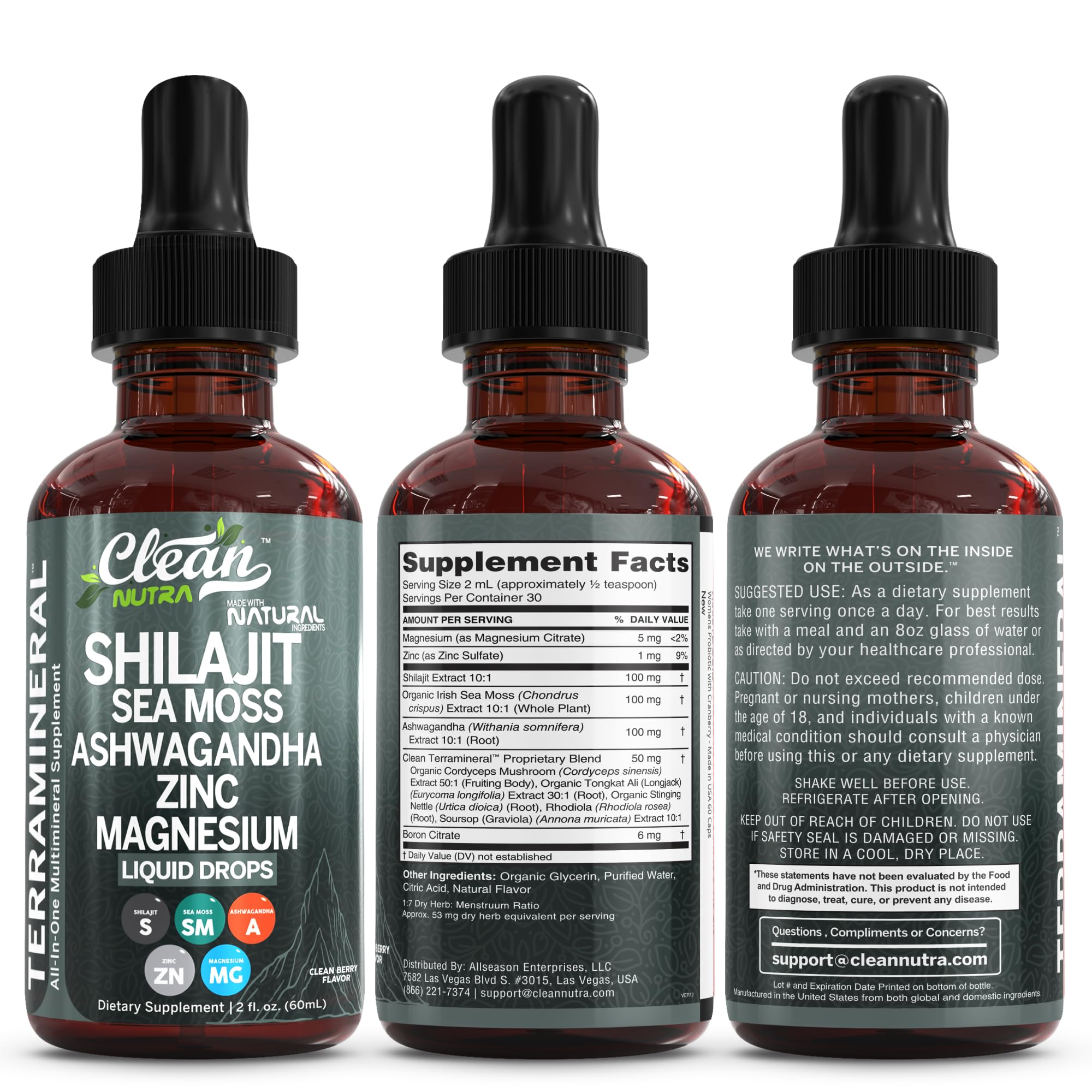 Clean Nutraceuticals Shilajit Liquid Drops with Sea Moss, Ashwagandha, Zinc, Magnesium, Liquid Vitamins for Women and Men - Terra Mineral
