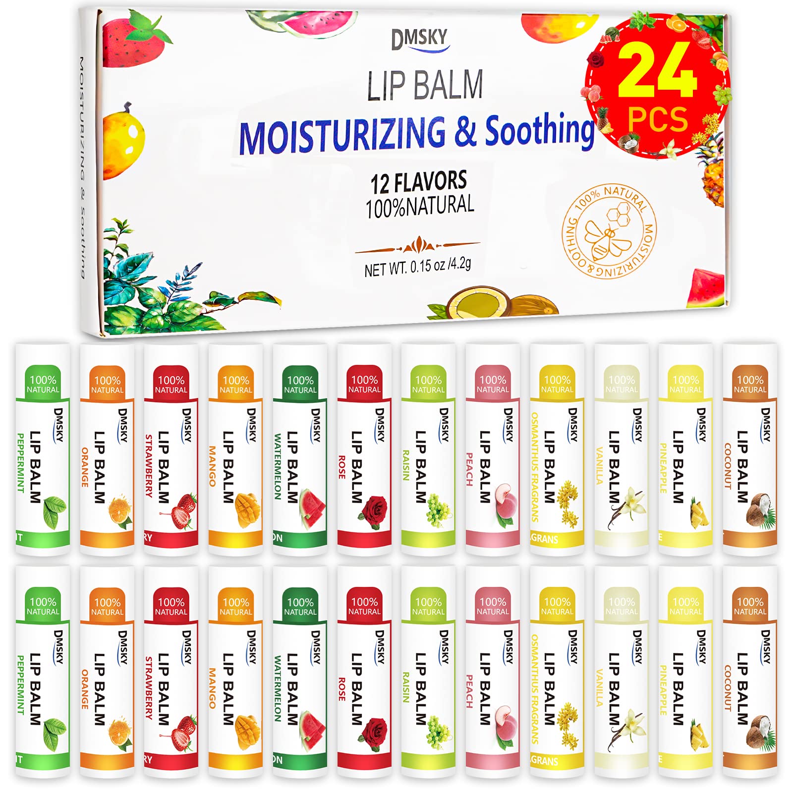 DMSKY 24 Pack Lip Balm, Natural Lip Balm Bulk with Vitamin E and Coconut Oil, Moisturizing Lip Balm for Chapped Lips, Bulk Lip Balm for Women-12 Flavors