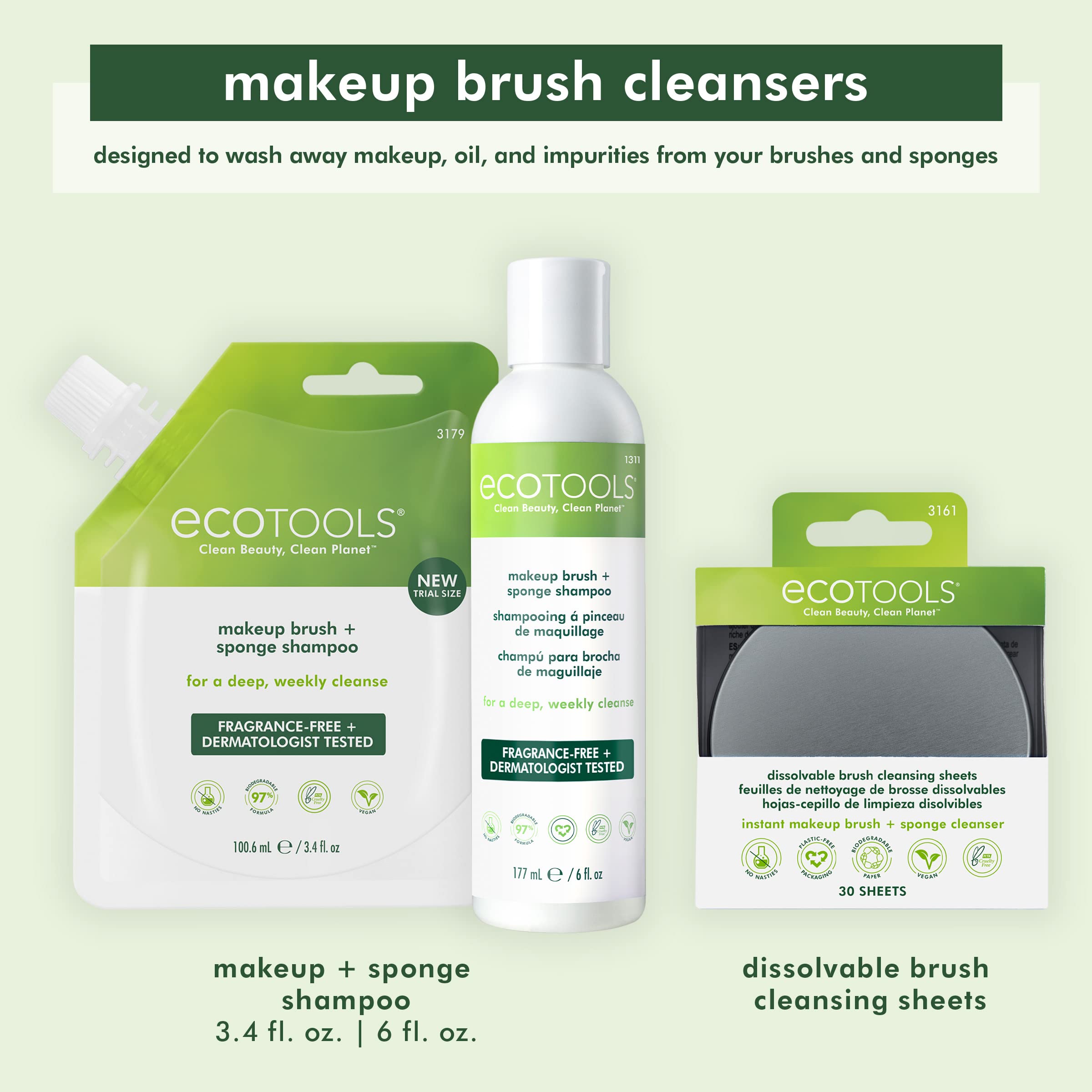 EcoTools Professional Makeup Brush Cleaner and Beauty Blender Dissolving Sheets with Textured Mat, Plastic-Free Recyclable Packaging, Cruelty Free, Vegan, Travel Size, Add Water, 30 Sheet Count