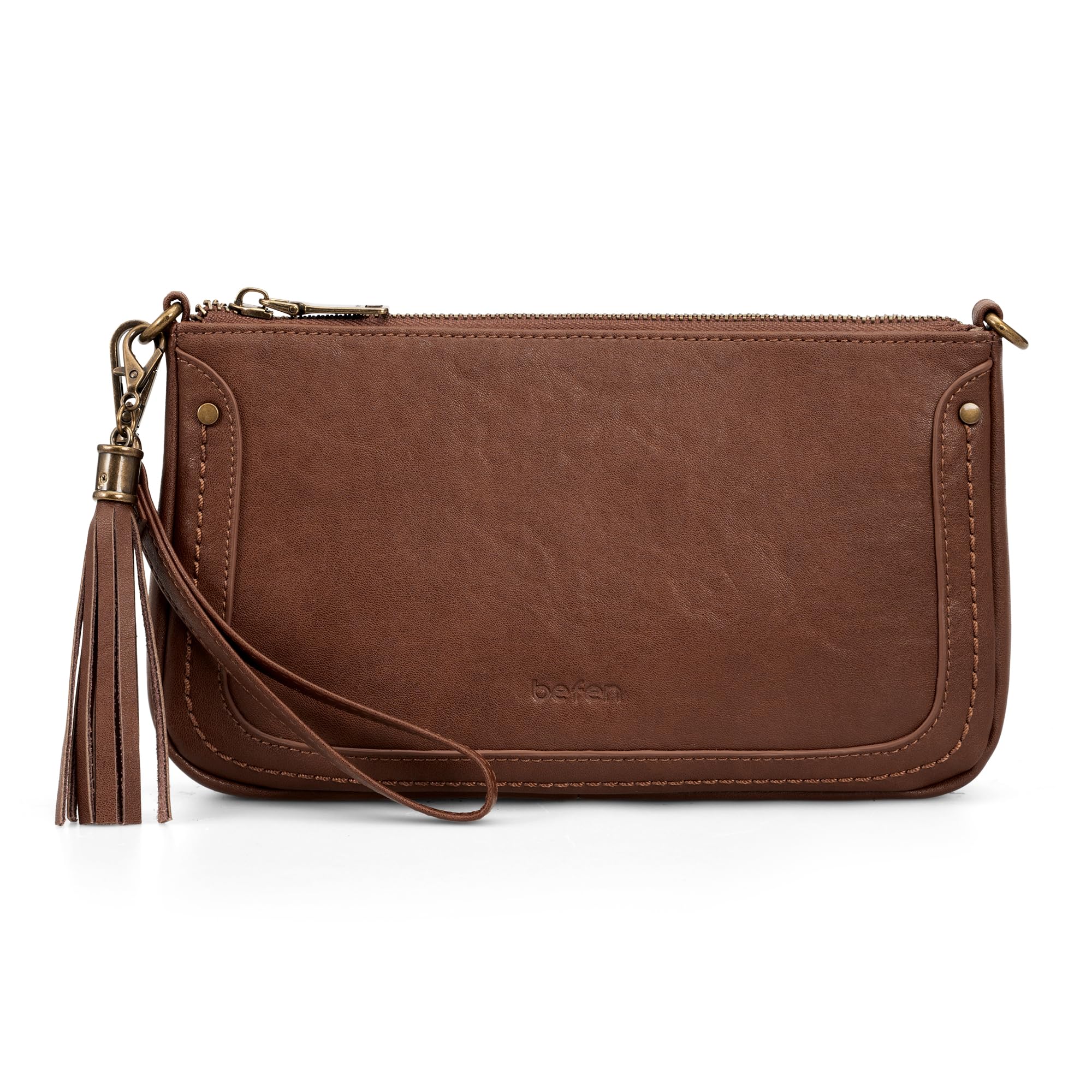 befen Genuine Leather Crossbody Bags for Women Designer Cell Phone Purse Brown Leather Purse Soft Wristlet Wallet Small Clutch Shoulder Handbag with Wrist and Crossbody Strap