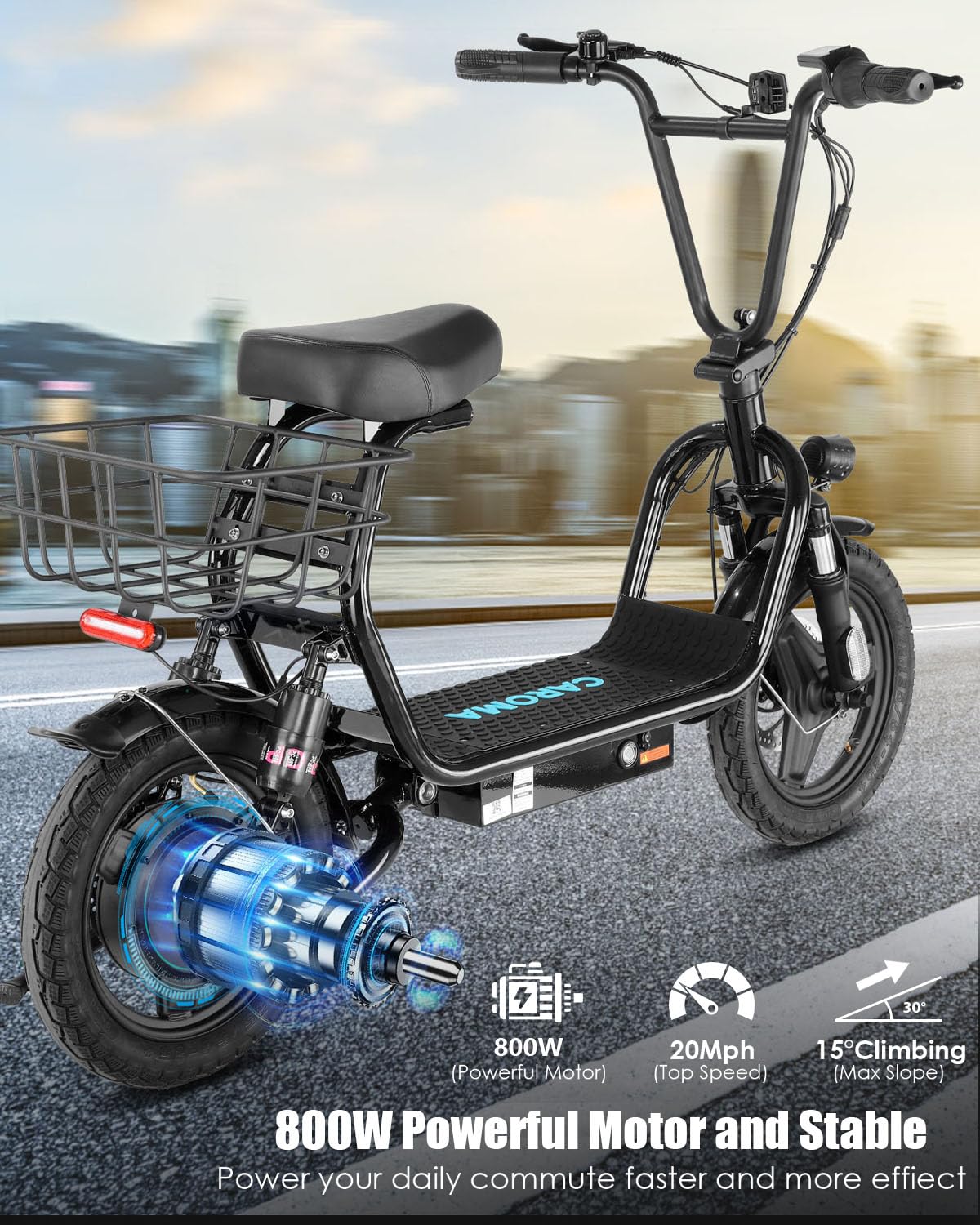 Caroma Electric Scooter with Seat, 500W/819W/870W Peak Motor, 15/25/30 Miles Range, 20Mph Top Speed, Foldable Electric Scooter for Adults, 14" BigTire E Scooter for Commuting with Shock Absorbing