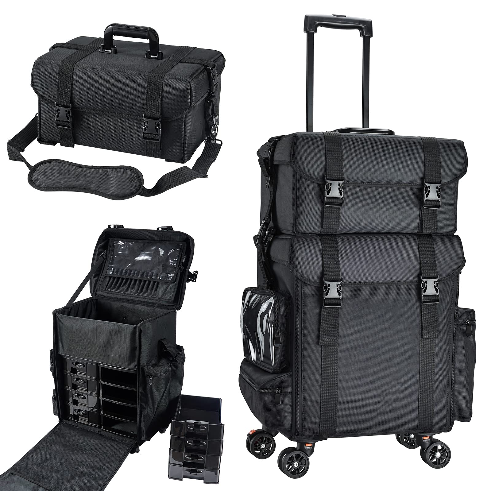 Costravio Travel Makeup Bag, Cosmetology Case on Wheels, 2 IN 1 Hair Tool Organizer, Rolling Nail Organizer Train Case, Large Cosmetic Trolley Suitcase for MUA/Hairstyling/Home-care/Groomer, Black