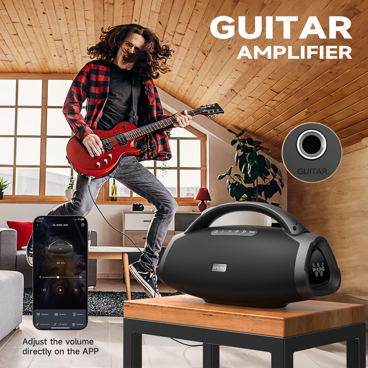 W-KING 300W Peak 200W RMS Portable Bluetooth Speakers, Massive Bass Party Boombox IPX7 Waterproof Bluetooth Speaker Large, Loud Outdoor Wireless Speaker/V5.3/EQ APP/Fast Charge/Stereo Pair/Guitar in