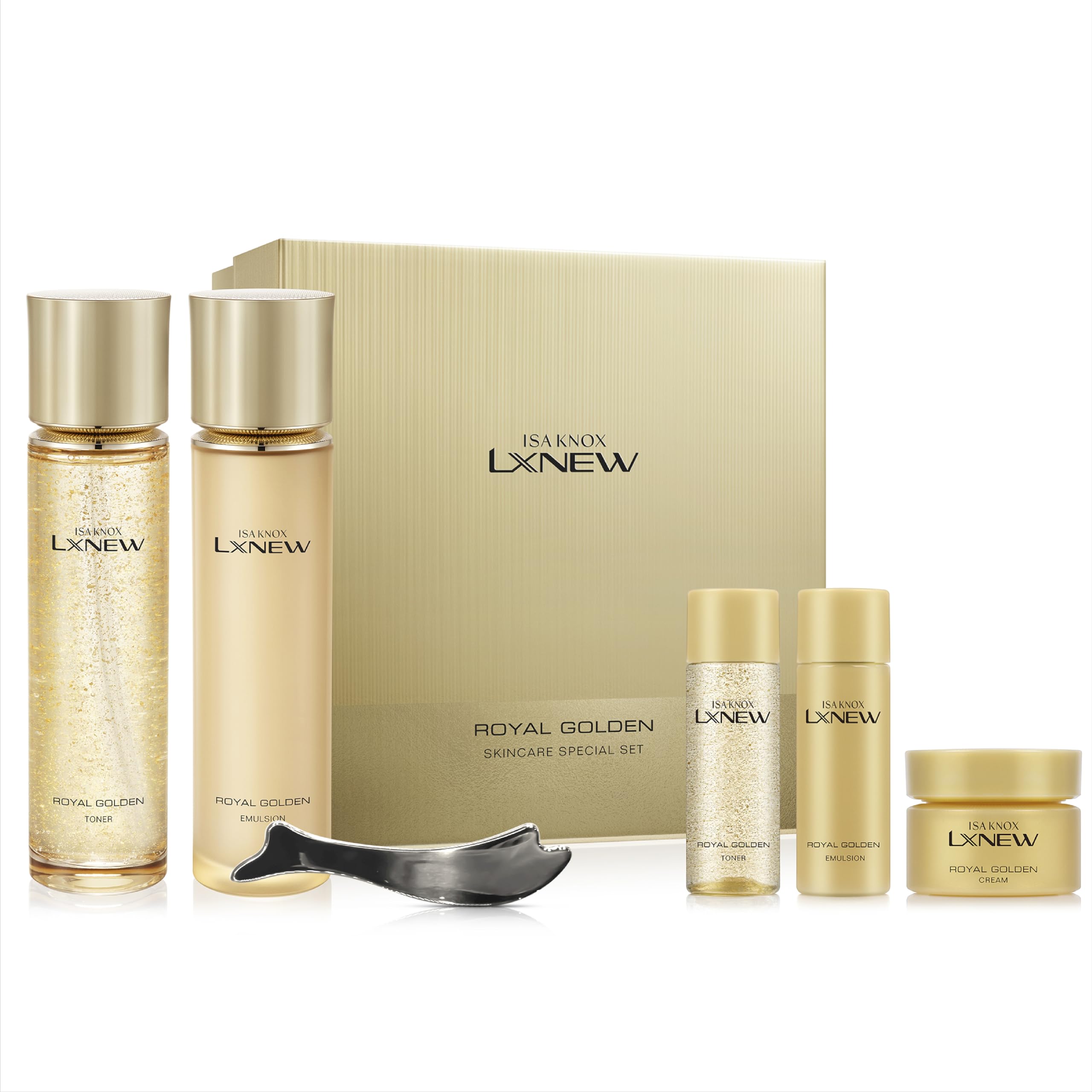 ISA KNOX Royal Golden Skin care Gift Set (11.4fl oz) - Korean Luxury Skin Care for Rejuvenation and Youthful Radiance. Royal Peptides & Jelly, Niacinamide. Guasha