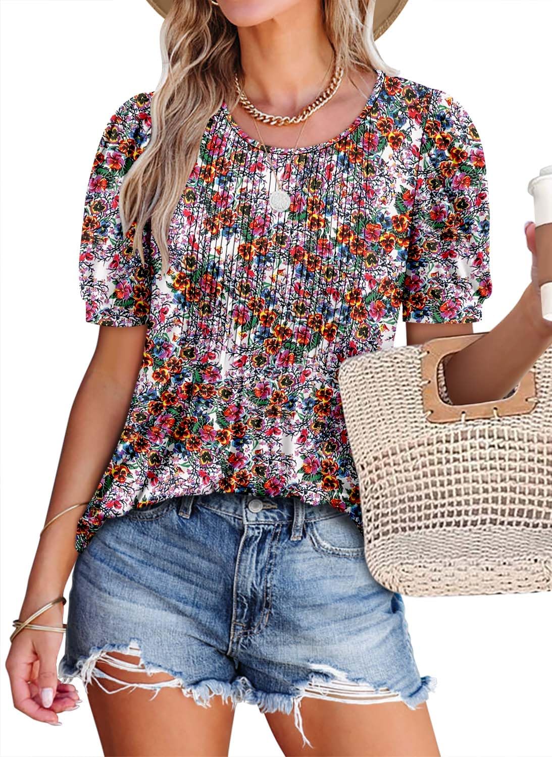 BETTE BOUTIK womens short sleeve tunic tops floral summer crewneck puff sleeve blouses for women Passionflower Medium
