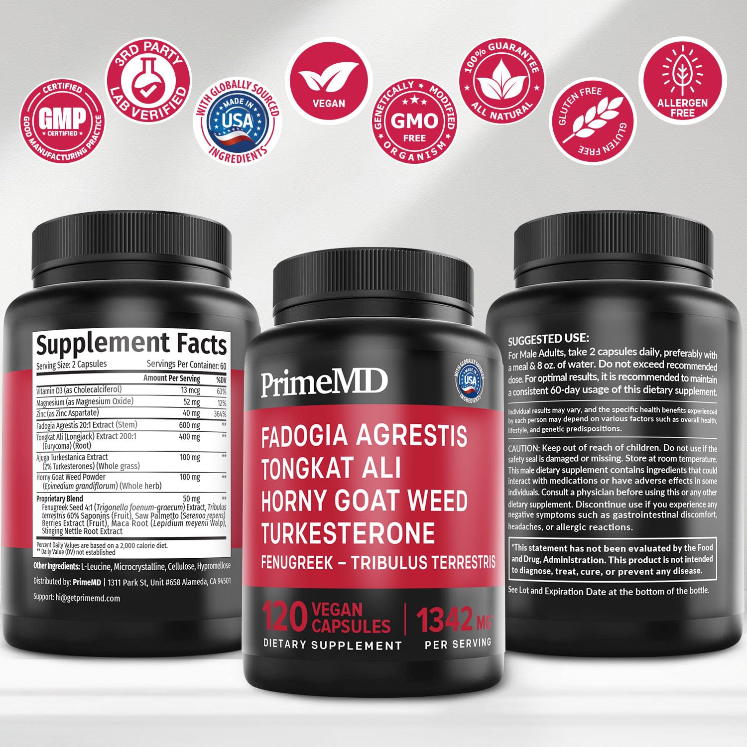PrimeMD 12-in-1 Fadogia Agrestis and Tongkat Ali - Testosterone Supplement for Men with Turkesterone - HornyGoatWeed for Men for Overall Well-Being with 1342mg Per Serving (120 Capsules) (Pack of 1)