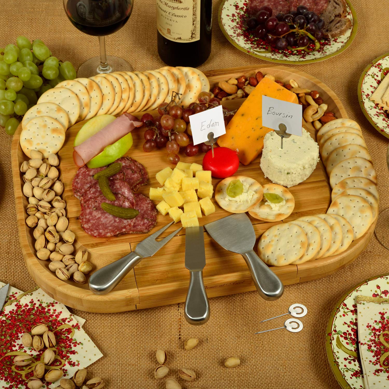 Picnic at Ascot Bamboo Cutting Board for Cheese & Charcuterie with Knife Set & Cheese Markers- Designed & Quality Checked in the USA