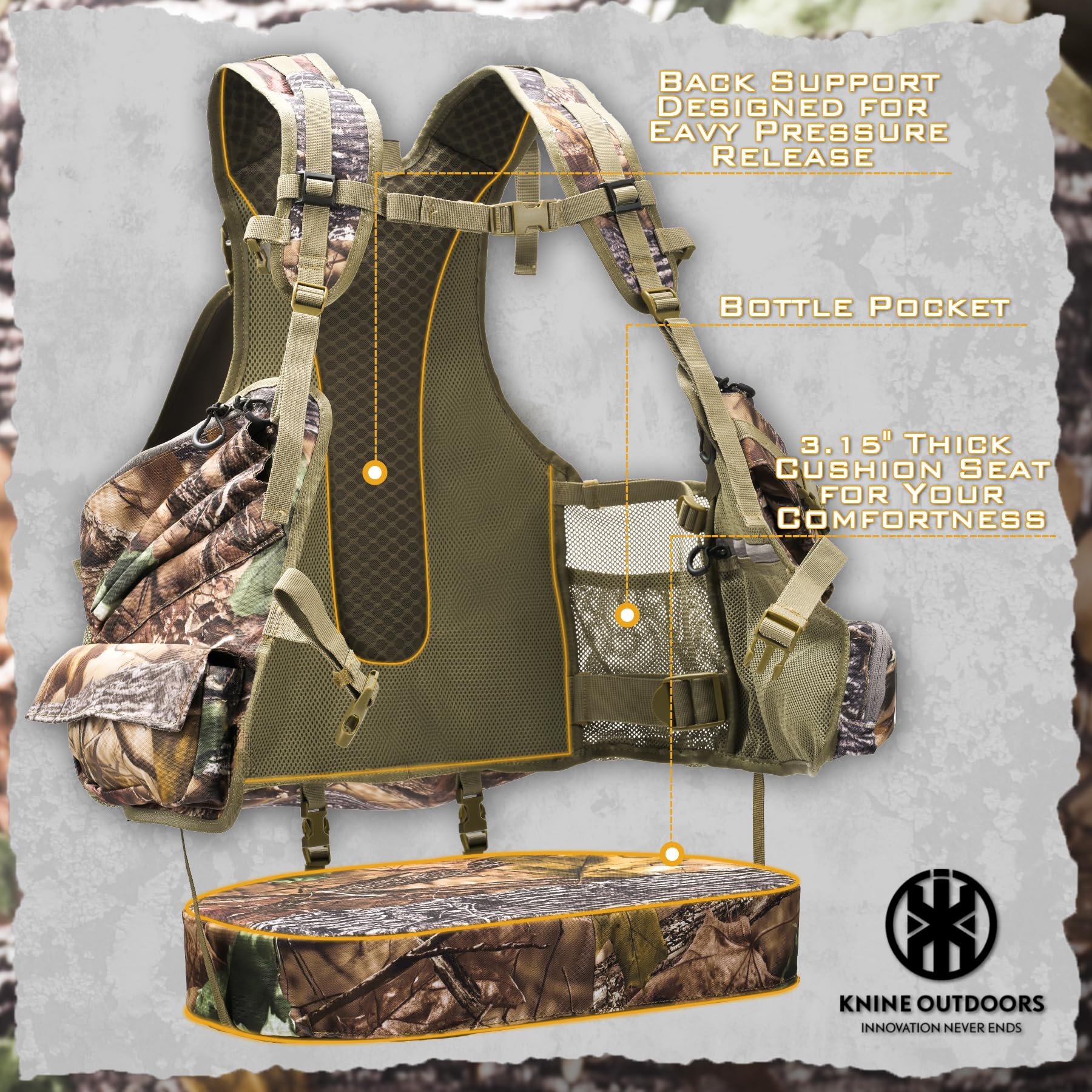 KNINE OUTDOORS Turkey Vest with Seat Cushion, Turkey Vest for Hunting, Turkey Hunting Vest with Game Pouch
