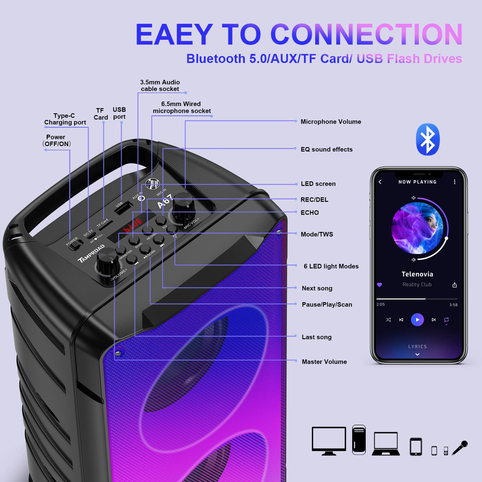 Bluetooth Speakers, 60W(80W Peak) Portable Loud Wireless Stereo Speaker with Rich Bass, Bluetooth 5.0, FM Radio, Colorful Light, TWS Pairing, EQ, 10000mAh Battery, Outdoor Speaker for Home Party Gift