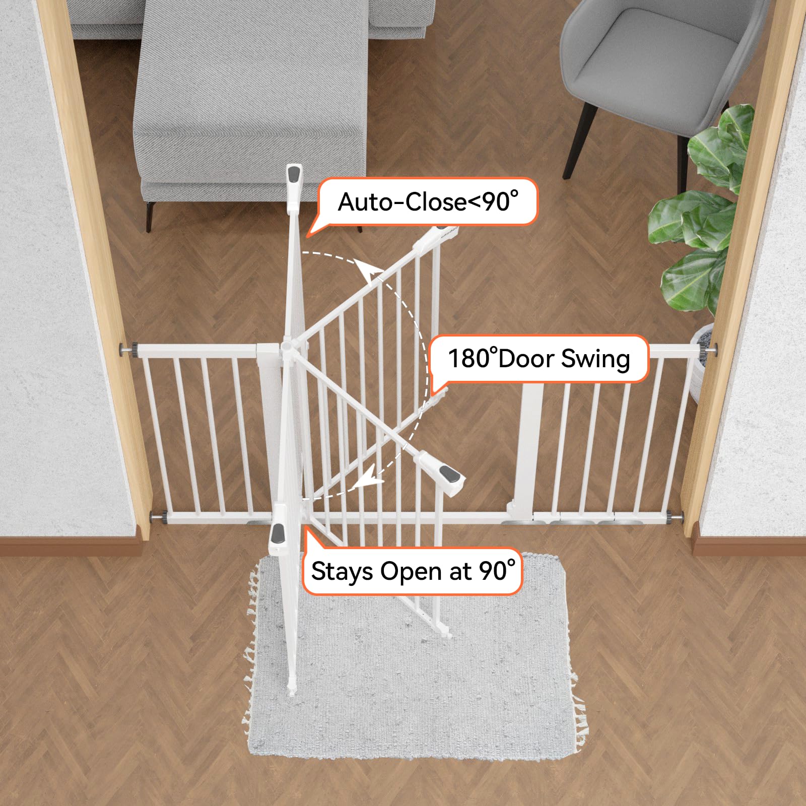 BABELIO 29-55 Inch Extra Wide Baby Gate, Metal Auto Close Dog Gate, Pressure Mounted Pet Gate for Doorways, NO Tools Needed NO Drilling, with Wall Cups, White