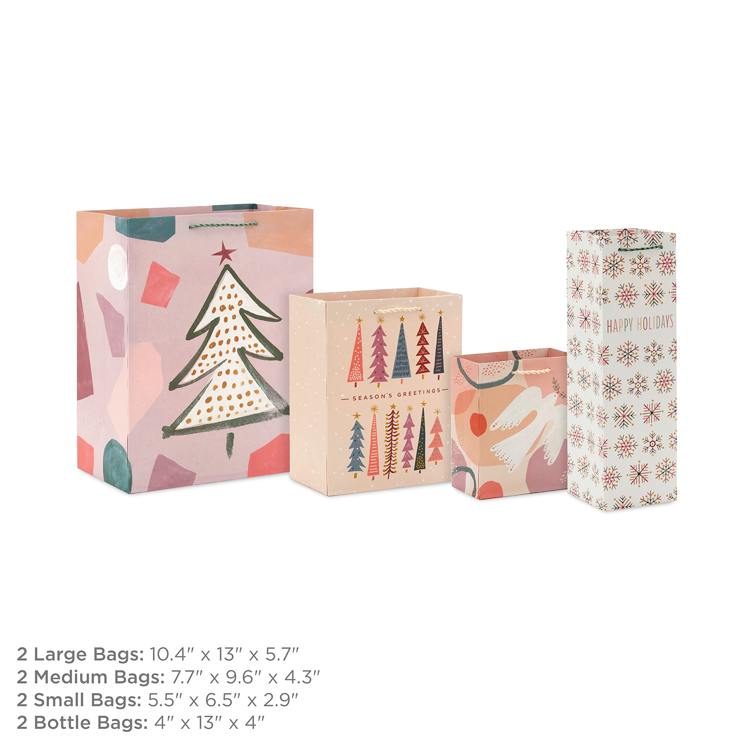 Hallmark Boho Christmas Gift Bag Assortment (8 Bags: 2 Small 6", 2 Medium 9", 2 Large 13", 2 Bottle Bags) in Pastel Pink, Purple, Hunter Green, White Dove, Snowflakes, Trees