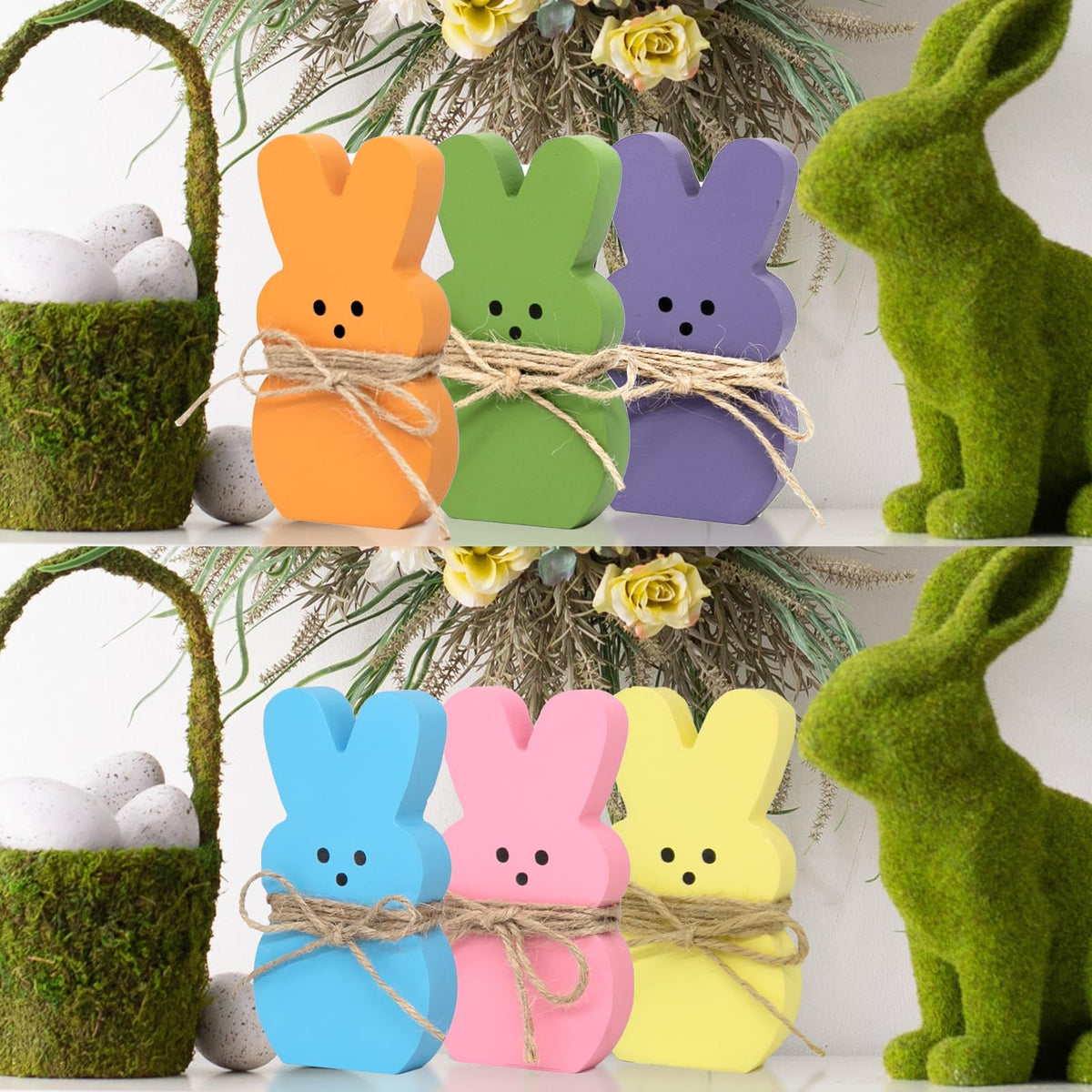 DAZONGE Easter Decorations - 6PCS Wood Bunny Peeps Easter Tiered Tray Decor Signs - Easter Shelf Sitter - Easter Decor for the Home - Spring Wood Decor