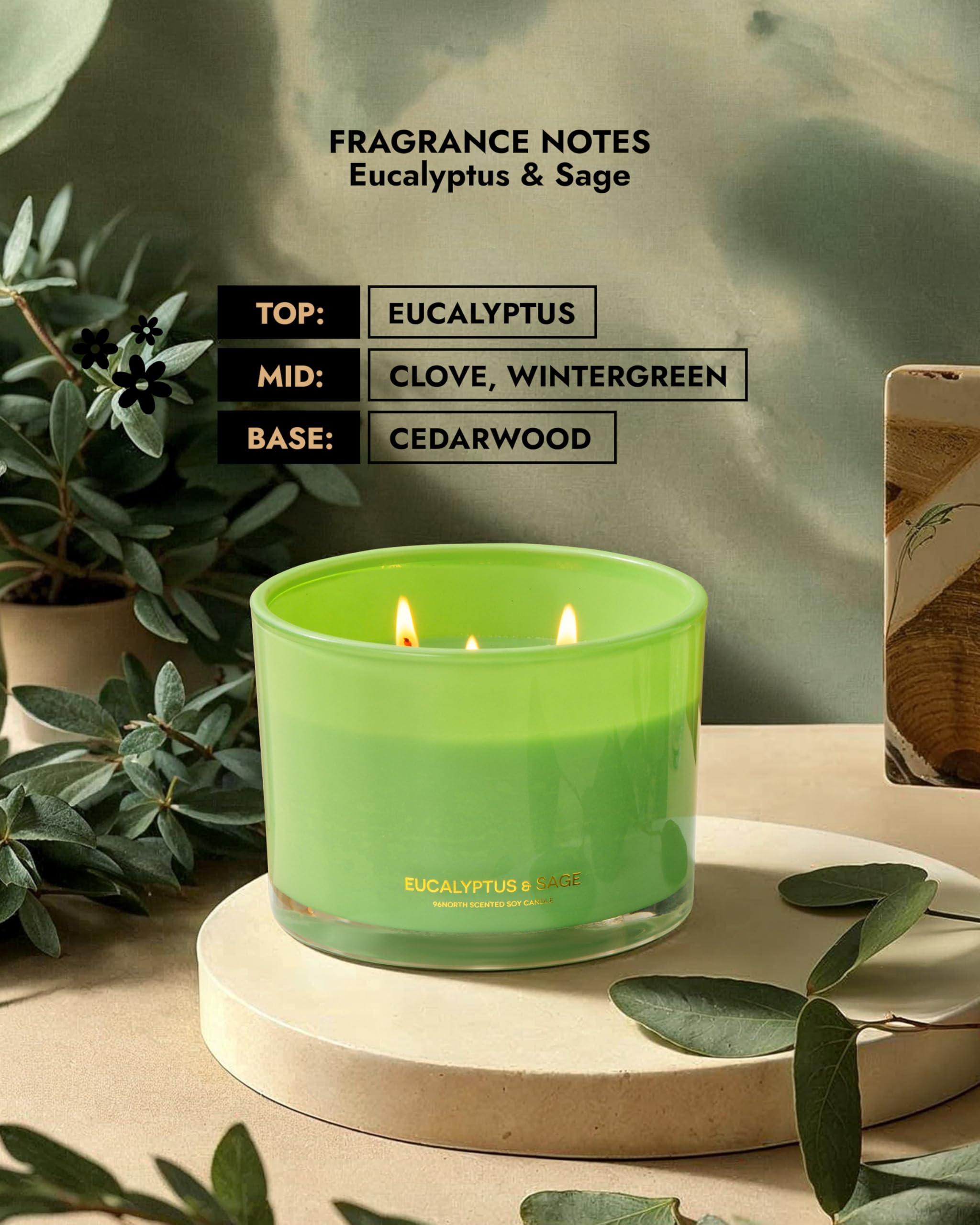 96NORTH Luxury Eucalyptus & Sage Soy Candle | Large 3 Wick Jar Candle | Up to 50 Hours Burning Time | 100% Natural Soy Wax | Housewarming Gift for Men and Women