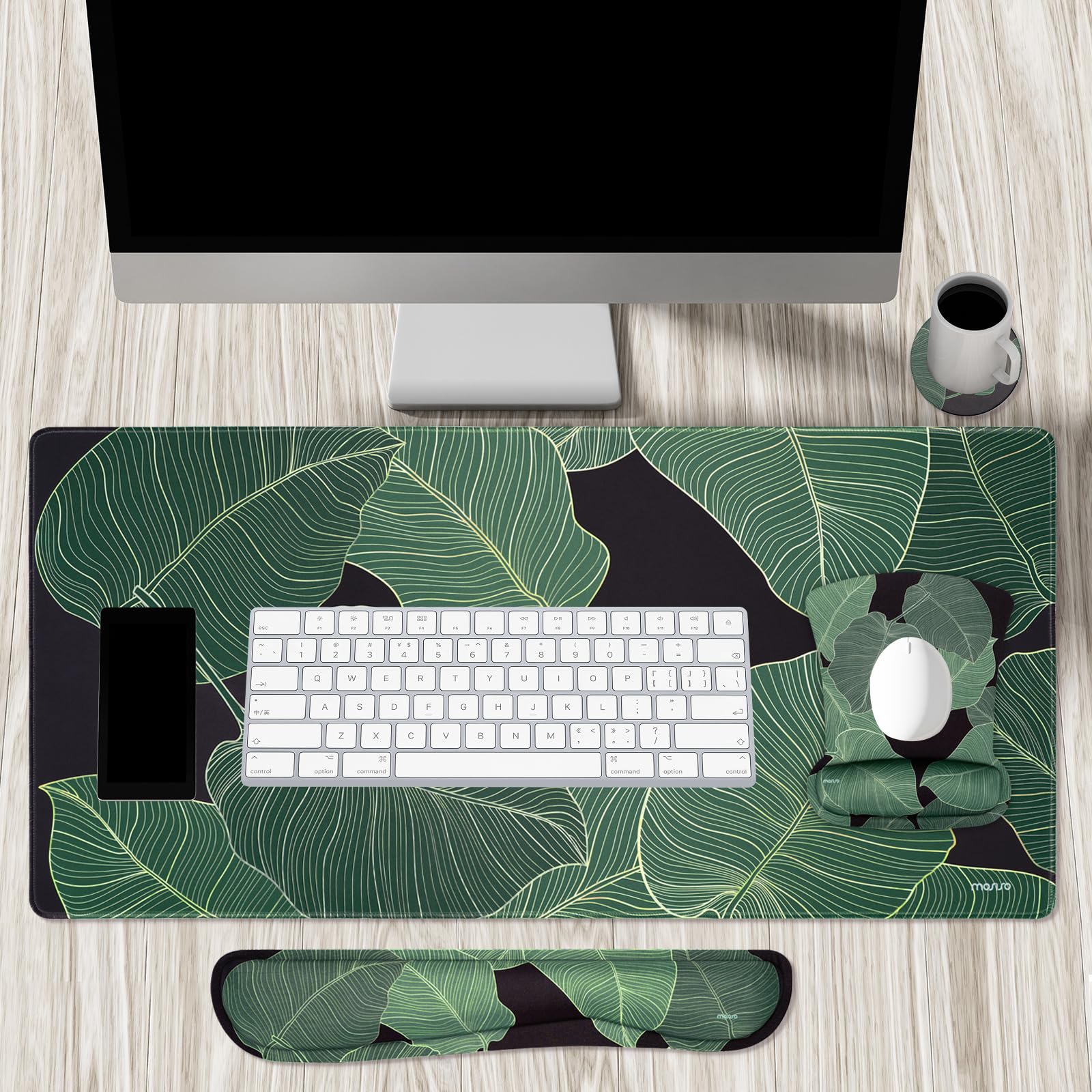 MOSISO Keyboard Mouse Pad Set,Large Gaming Mouse Pad&Keyboard Wrist Rest&Mouse Wrist Rest&Coaster,Ergonomic Non-Slip Leaf Mousepad with Raised Memory Foam for Home Office, Tropical Palm Leaves