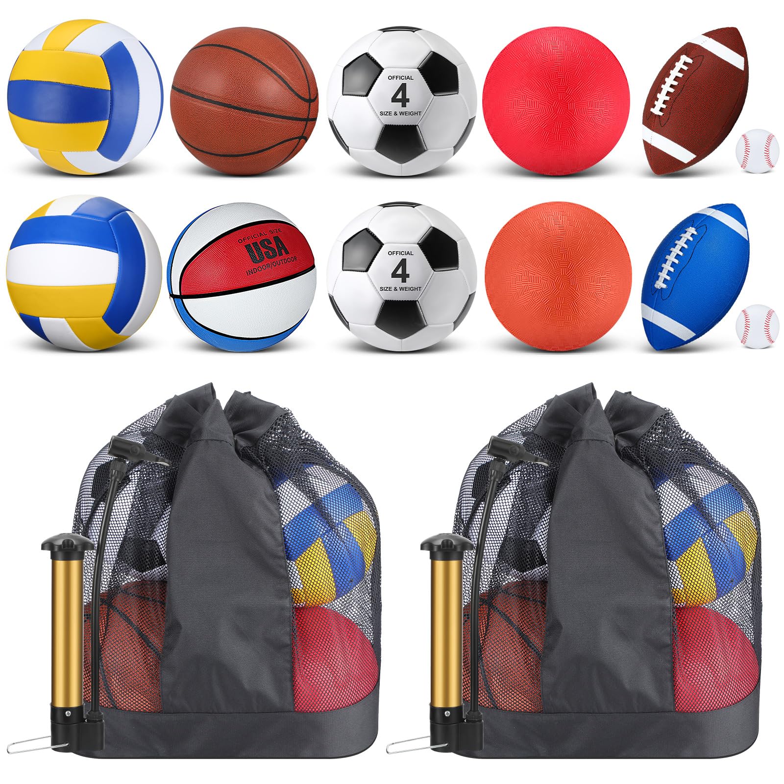 Deekin 12 Pcs Assorted Sport Ball Set Official Size Basketball, Football, Volleyball, Soccer, Baseball, Playground Ball with Bag and Pump Gift for Kid Youth Adult(Classic,Youth Kids)