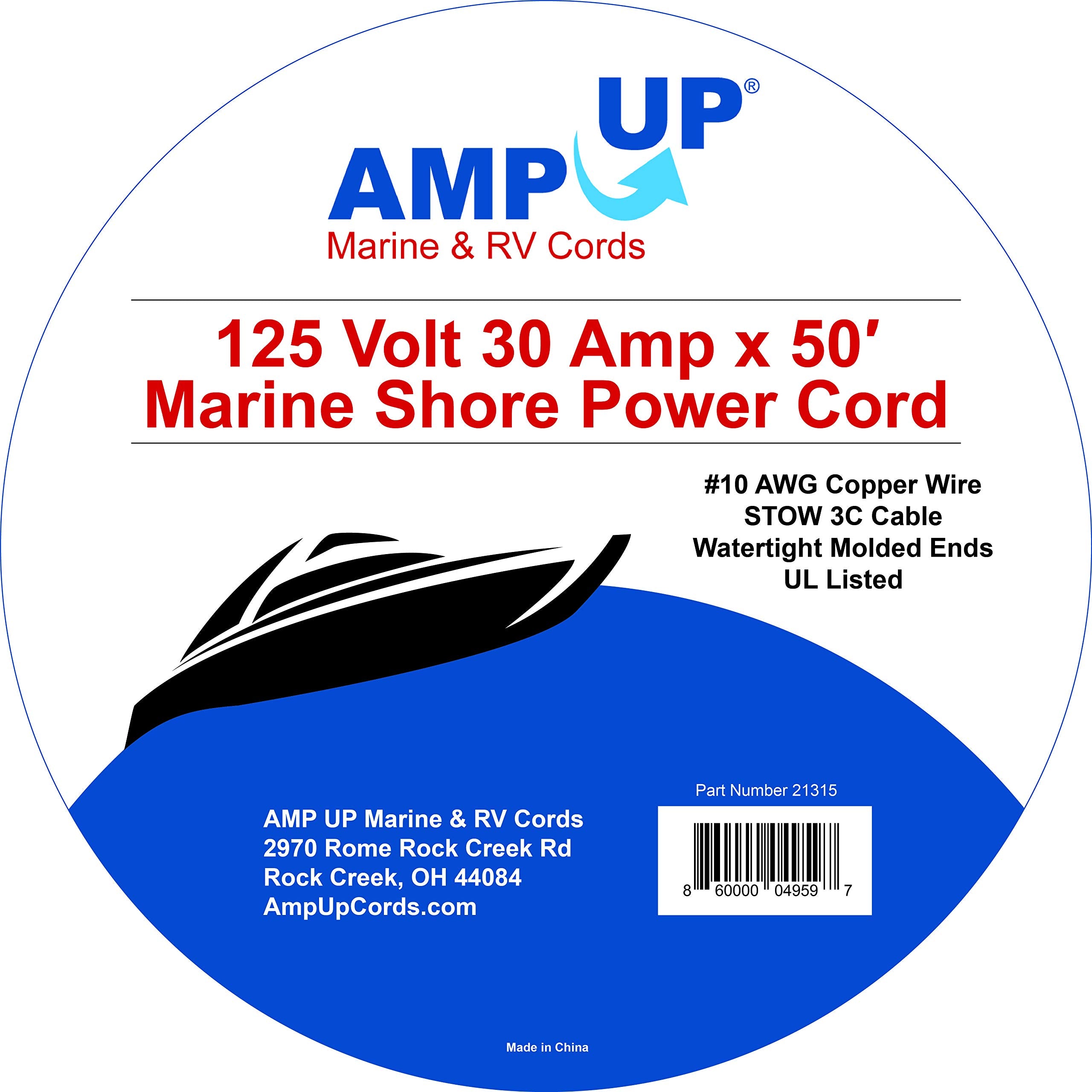 Amp Up Marine & RV Cords 125v 30 amp x 50' Marine Shore Power Boat Extension Cord, 50 ft - 21315