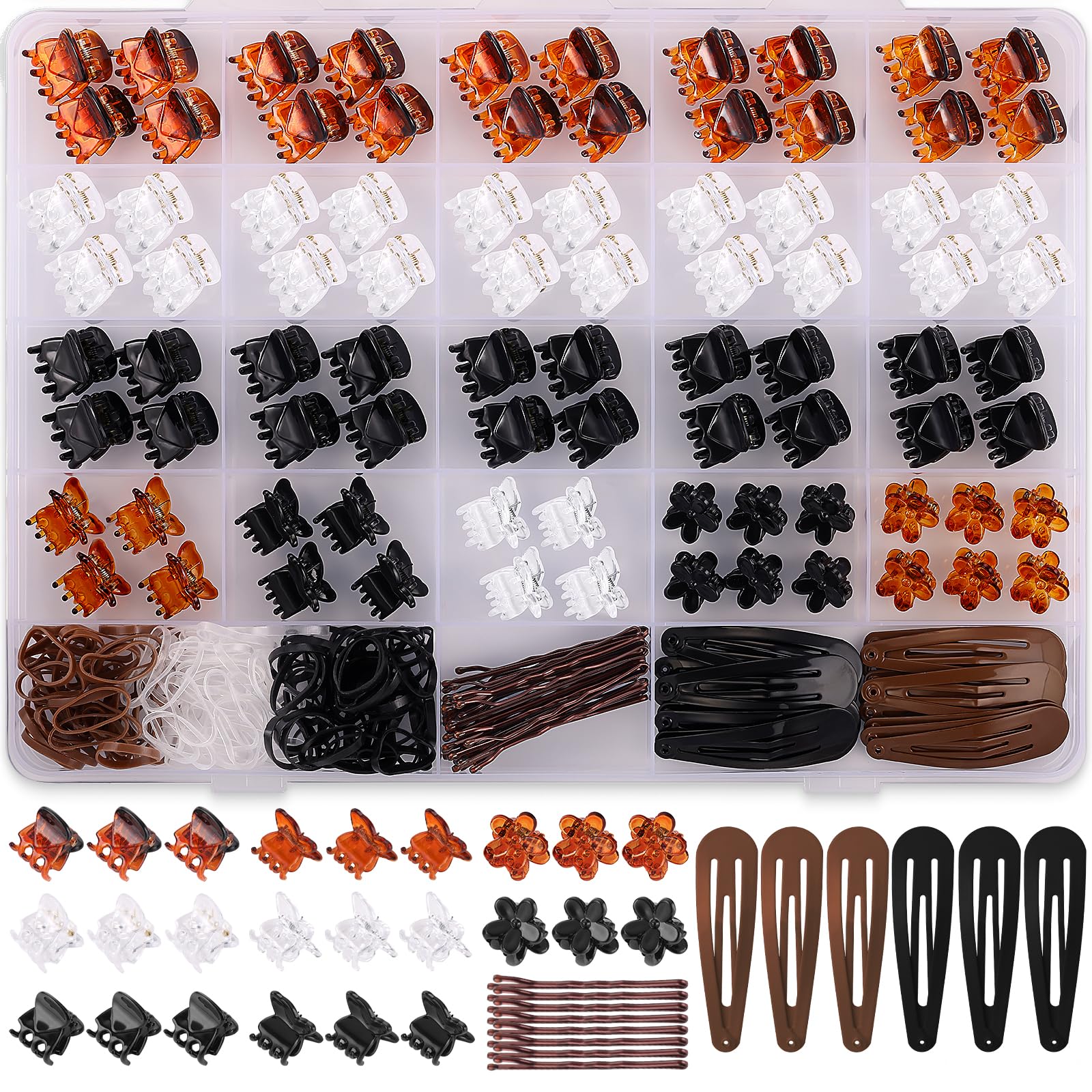 Mini Hair Claw Clips, 274pcs Hair Clips Set for Women, Funtopia Small Hair Clips for Hair Bangs Thin Hair, Tiny Hair Clips with Hair Ties Butterfly Flower Hair Clips for Girls, Black Brown Clear