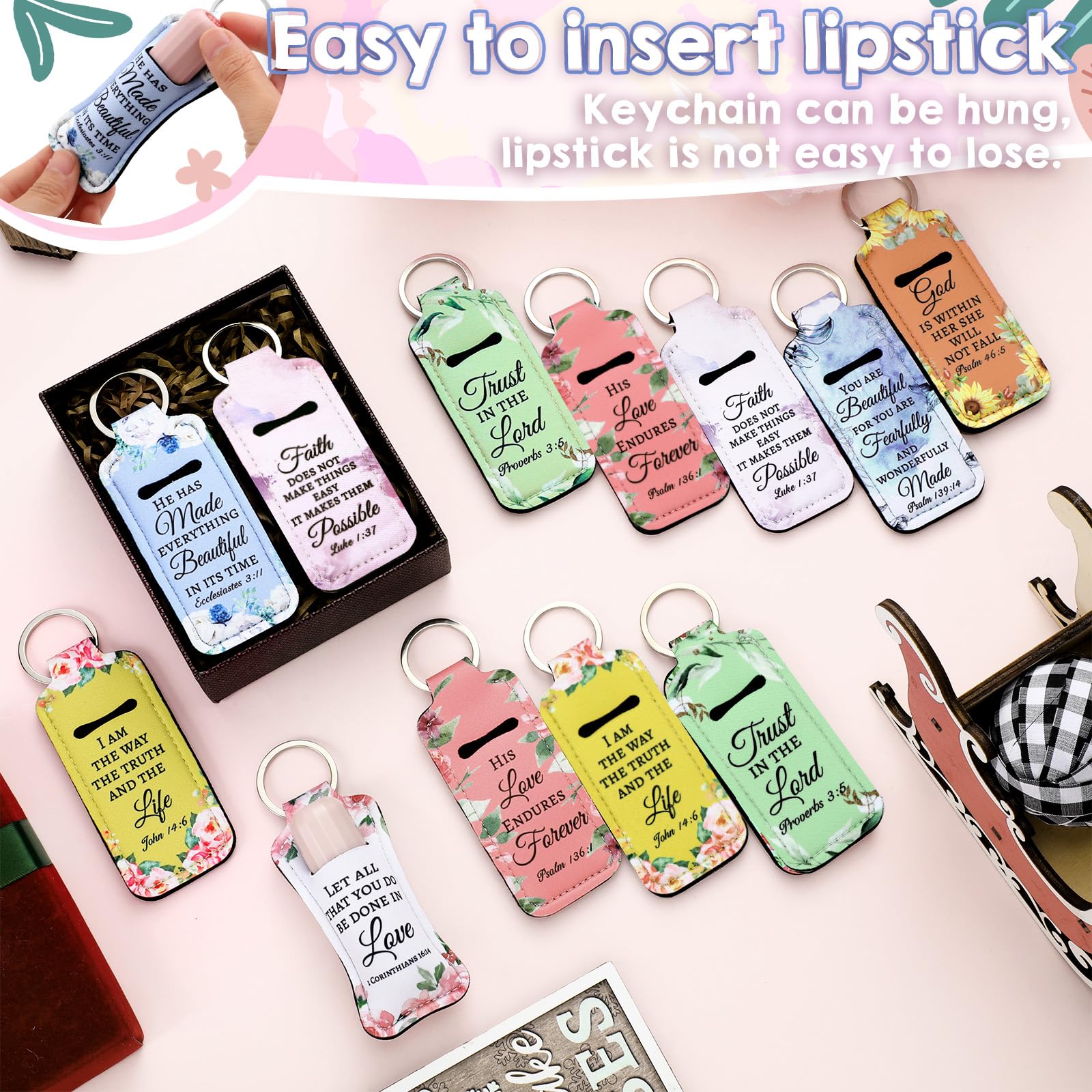 Ecation 72 Pcs Lipstick Holder Bulk Lipstick Holder Keychain Inspirational Lip Gloss Pouch Portable Holder(christian)