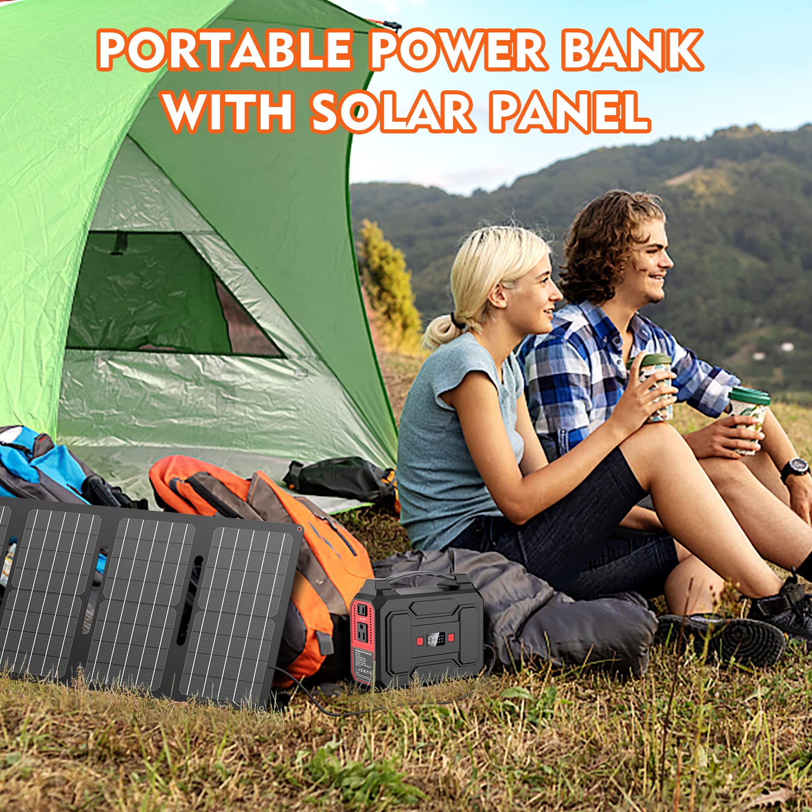 Apowking 146Wh Portable Power Bank with AC Outlet & 40W Foldable Solar Panel, Portable Laptop Charger 110V/100W with USB & DC Output for Camping, Home Emergency, Traveling, RV Trip