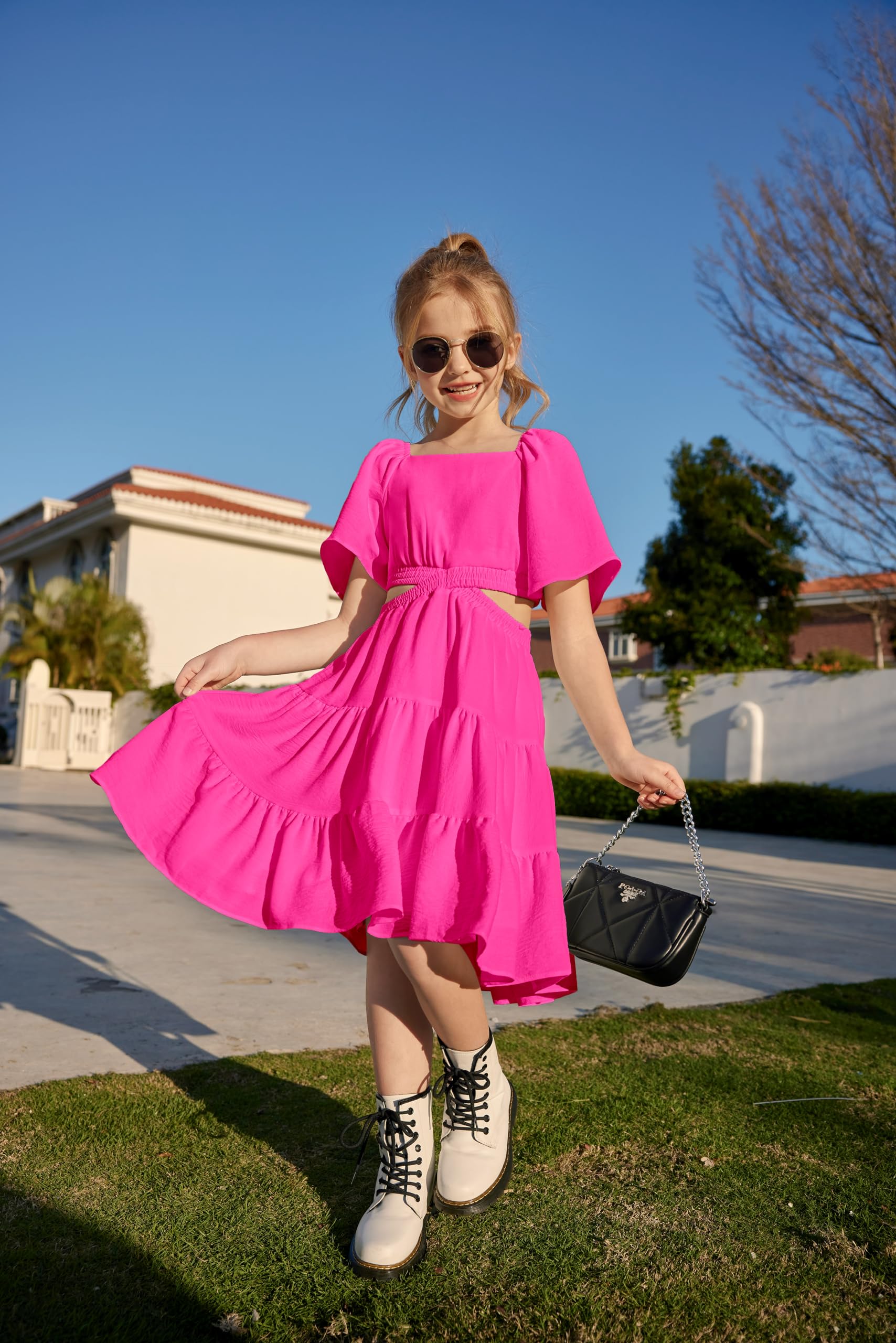 Arshiner Girls Dress Cut Out Shirred Ruffle Hem Summer Hot Pink Party Dresses 7-8