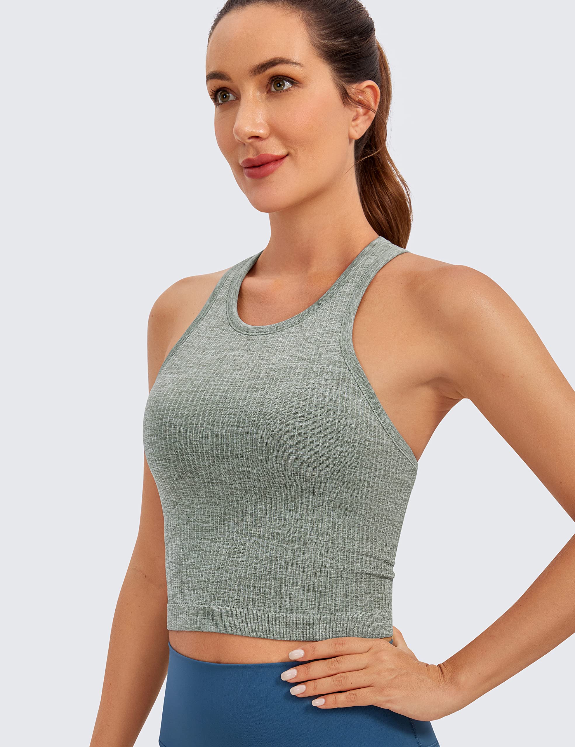 CRZ YOGA Womens Seamless Ribbed Longline High Neck Sports Bra - Racerback Padded Slim Fit Crop Tank Top with Built in Bra Dark Green Heather Medium