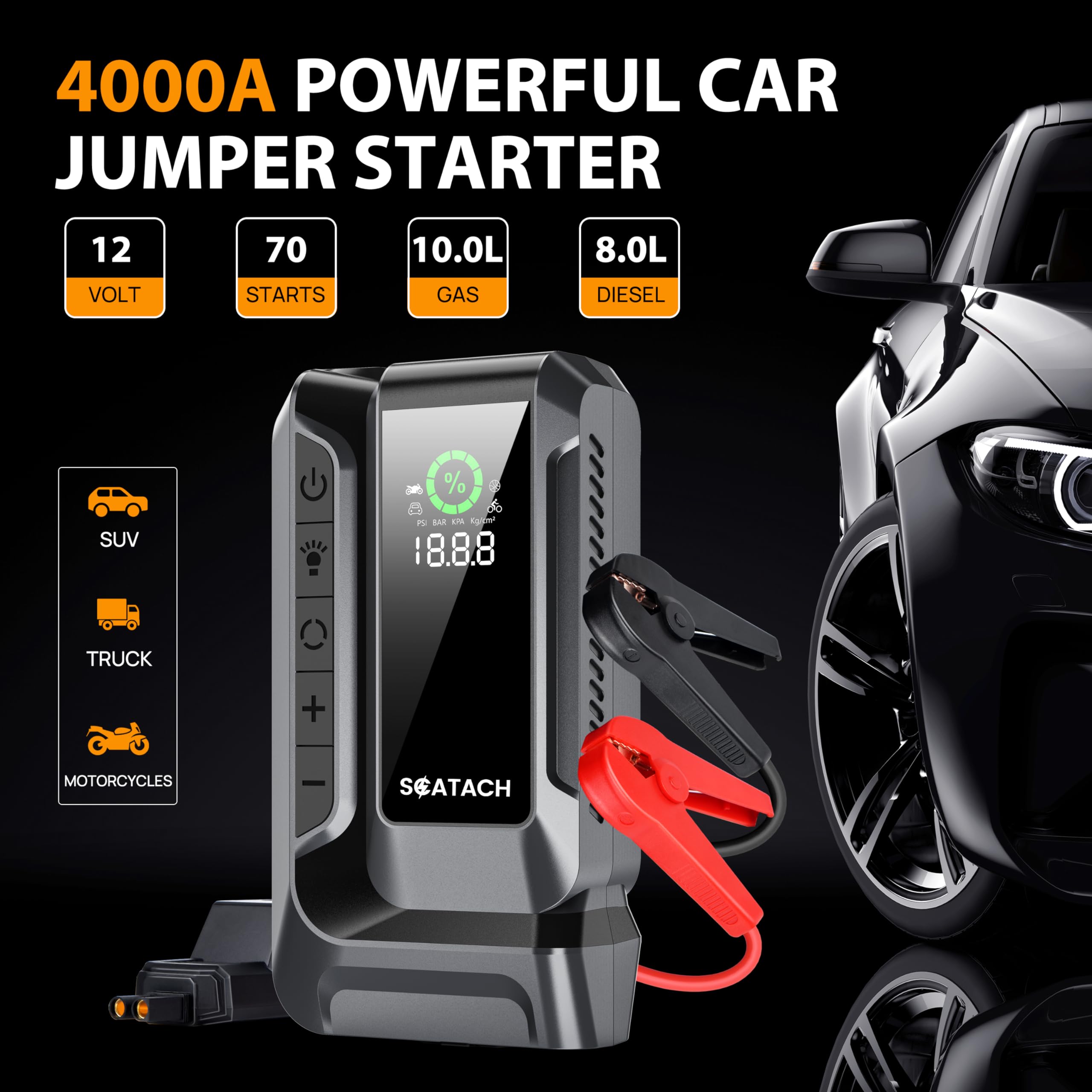 Scatach Q16 4000A Car Jump Starter with Air Compressor, 150PSI Portable Jump Starter Battery Pack (10.0L Gas/8.0L Diesel), with QC3.0, Large Display, 3 Modes Flashlight and Jumper Cable