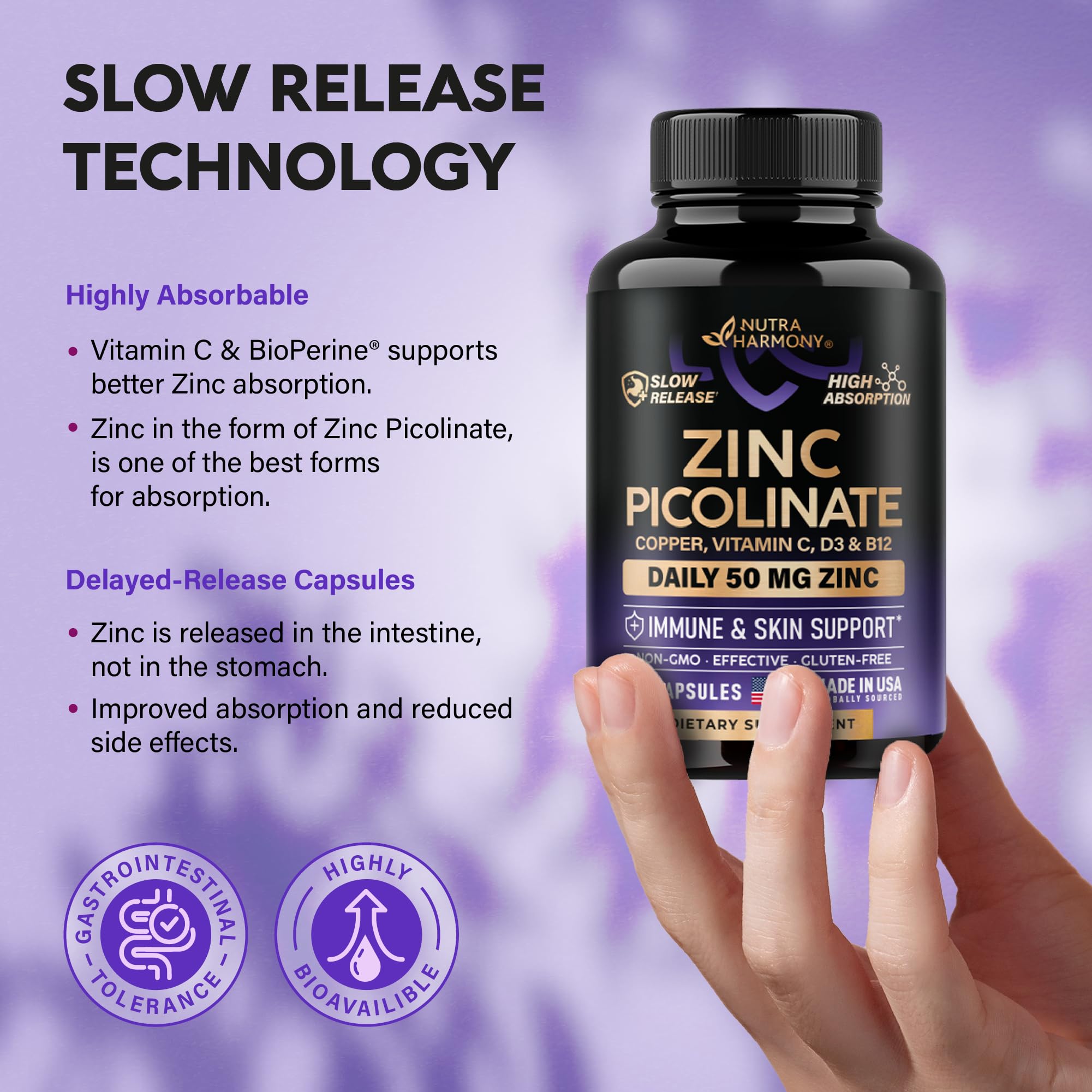 Zinc Picolinate 50mg - Zinc Supplement with Copper, Vitamin D3 & B12 - Stomach Friendly | Slow Release - Immune Support & Skin Health - High Absorption with BioPerine & Vitamin C - 60 Capsules