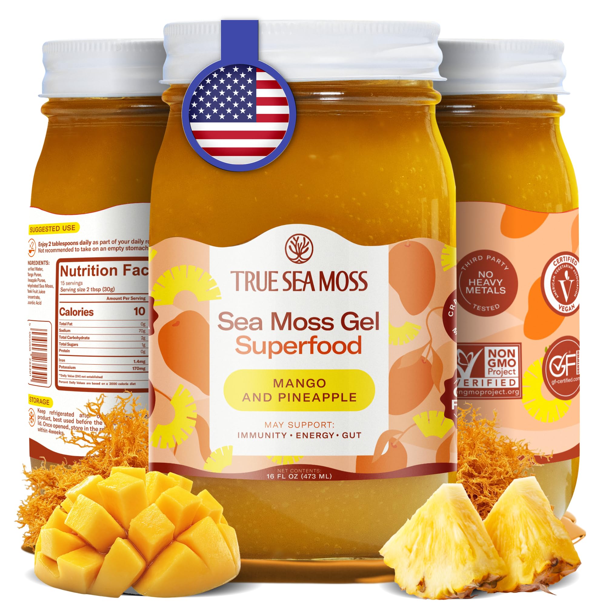 TrueSeaMoss Wildcrafted Irish Sea Moss Gel - Seamoss, Gut Health & Antioxidant Supports - Made in USA (Mango/Pineapple, Pack of 1)