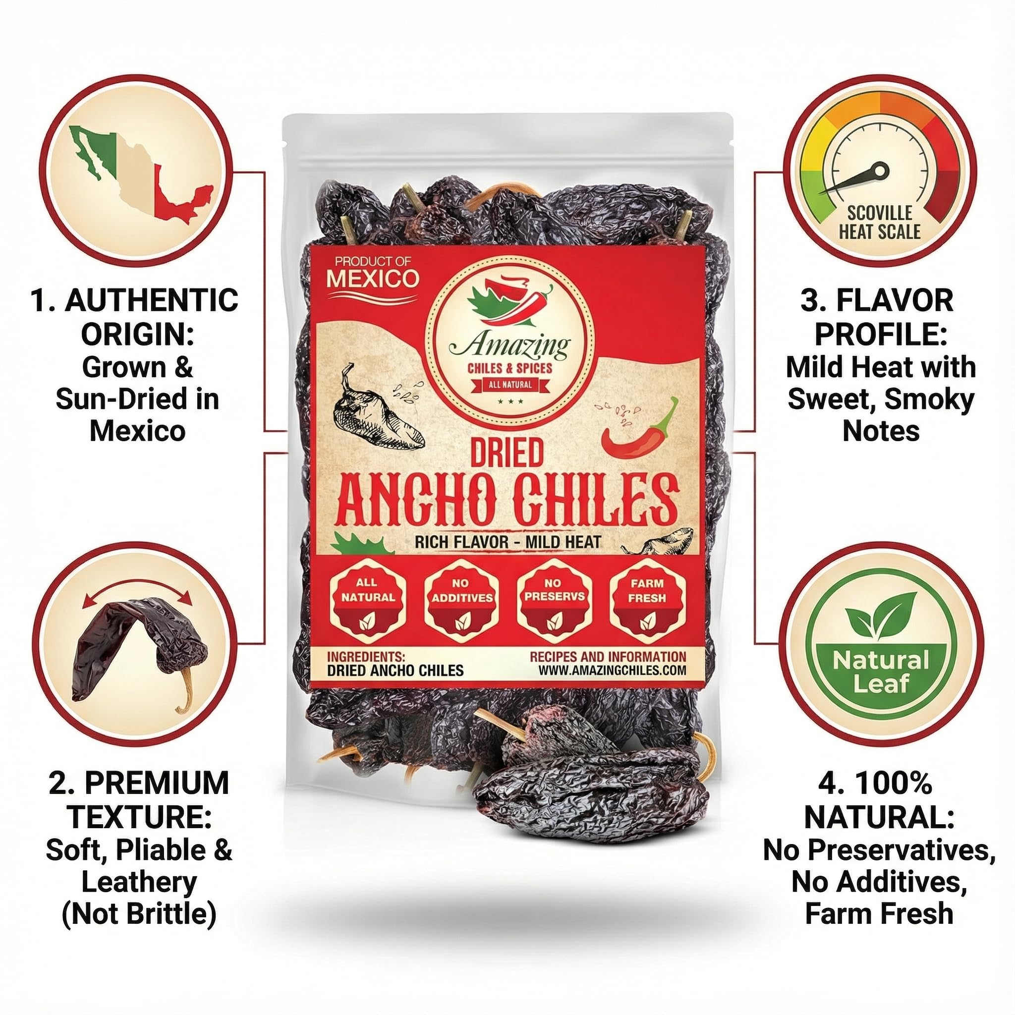 Dried Ancho Chiles Peppers 4 oz – Natural & Premium for Authentic Mexican Mole, Sauces, Stews, Salsas, and More! Sweet & Smoky Flavor with Mild to Medium Heat to Elevate Your Favorite Recipes.
