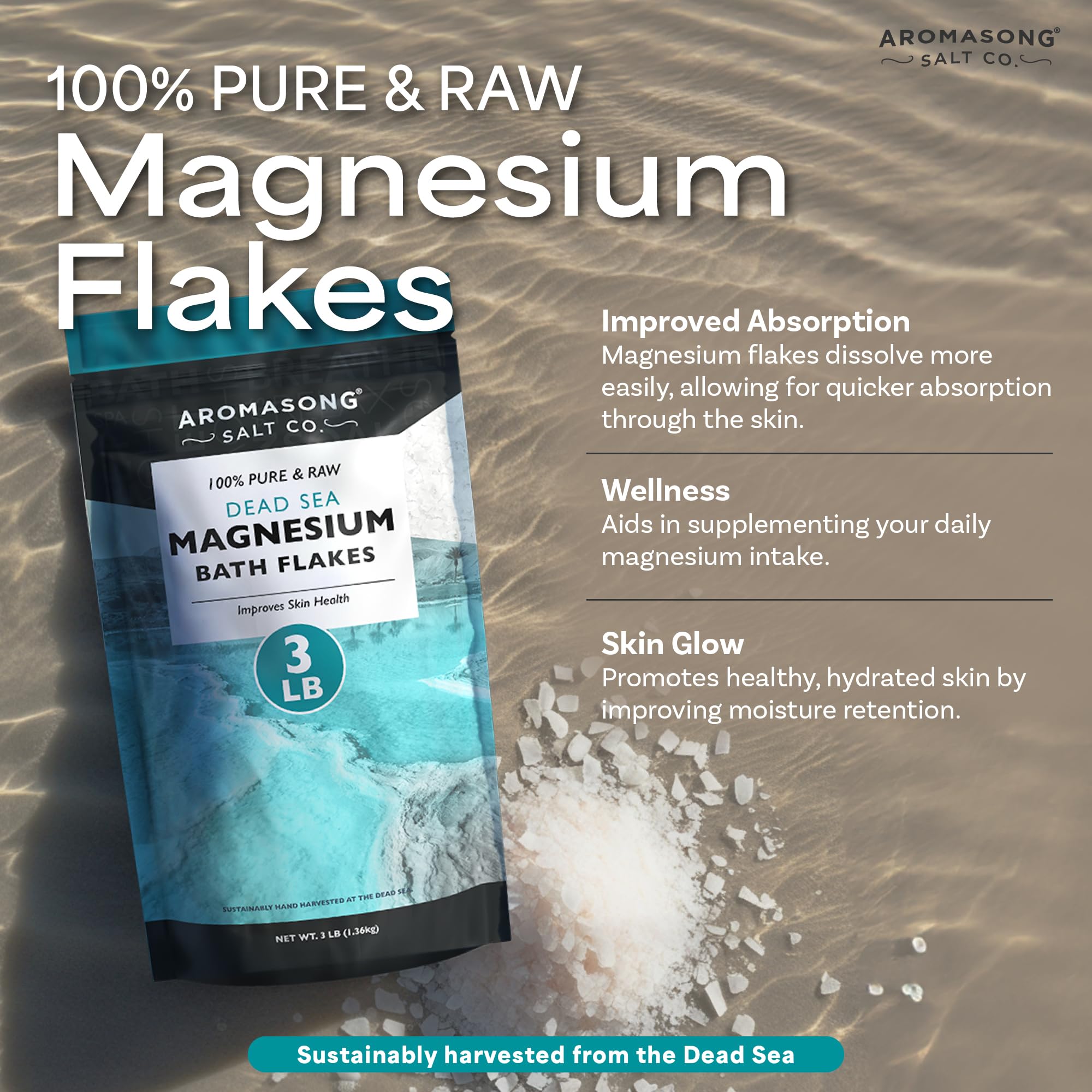 Aromasong Magnesium Flakes for Bath from The Dead Sea- 3 LB Resealable Pack Magnesium Chloride Flakes -Organic Bath Salt Muscle Relaxing Mineral Soak (Packaging May Vary)