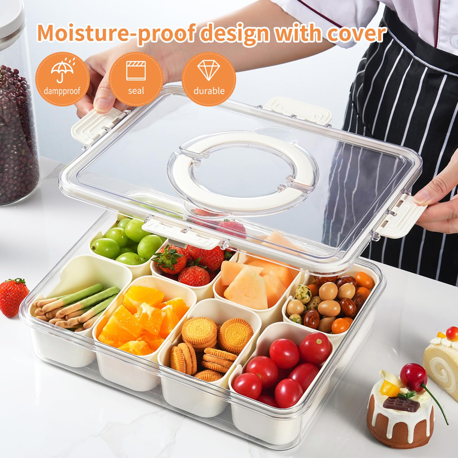 Snackle Box Container Divided Serving Tray with Lid and Handle 8 Compartment Snack Container Fruit Tray White Snack Box Container Snackle Box Charcuterie Container for Fruits, Nuts, Cookies, Candies