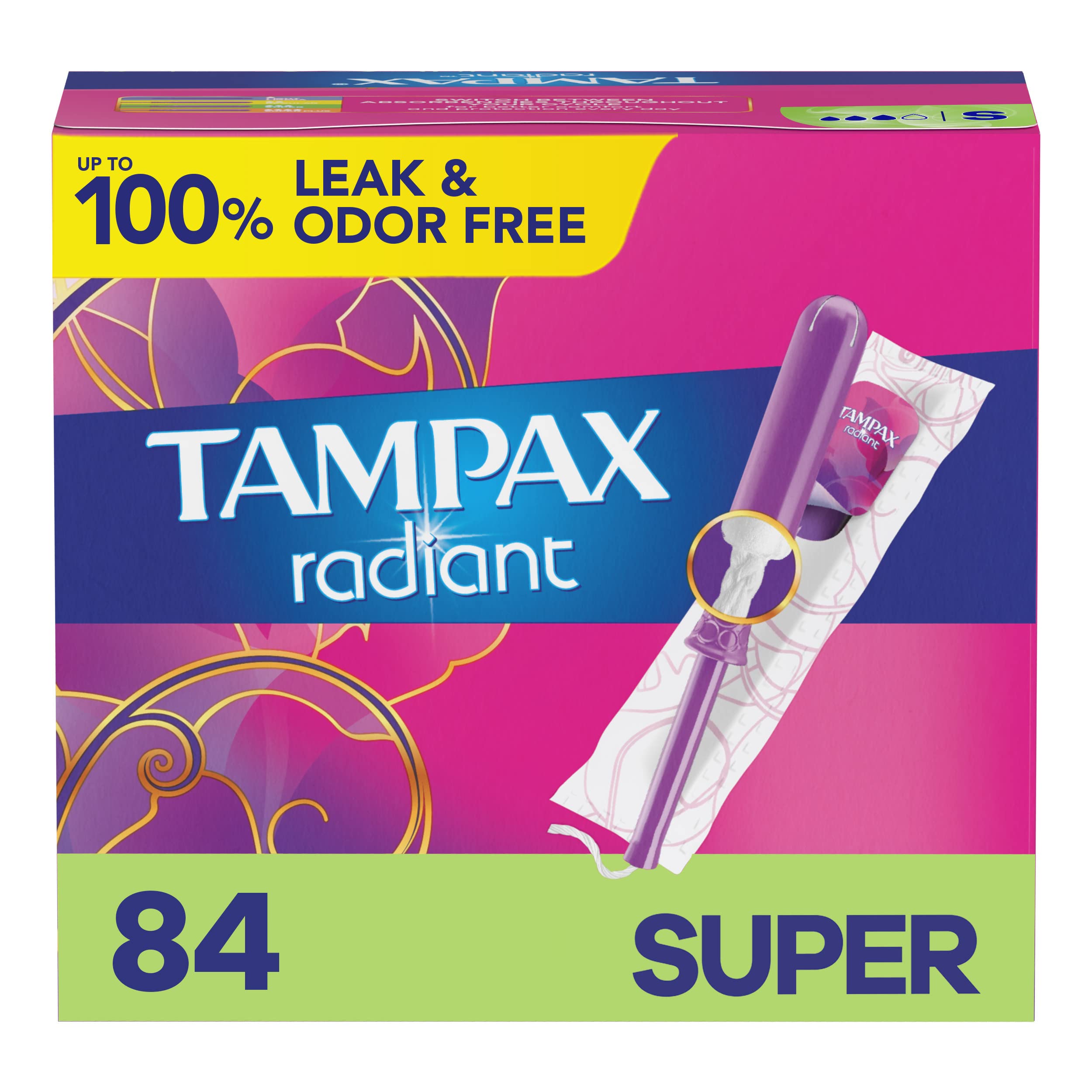 Tampax Radiant Tampons With Leakguard Braid, Super Absorbency, Unscented, 28 Count x 3 Pack (84 Count Total)