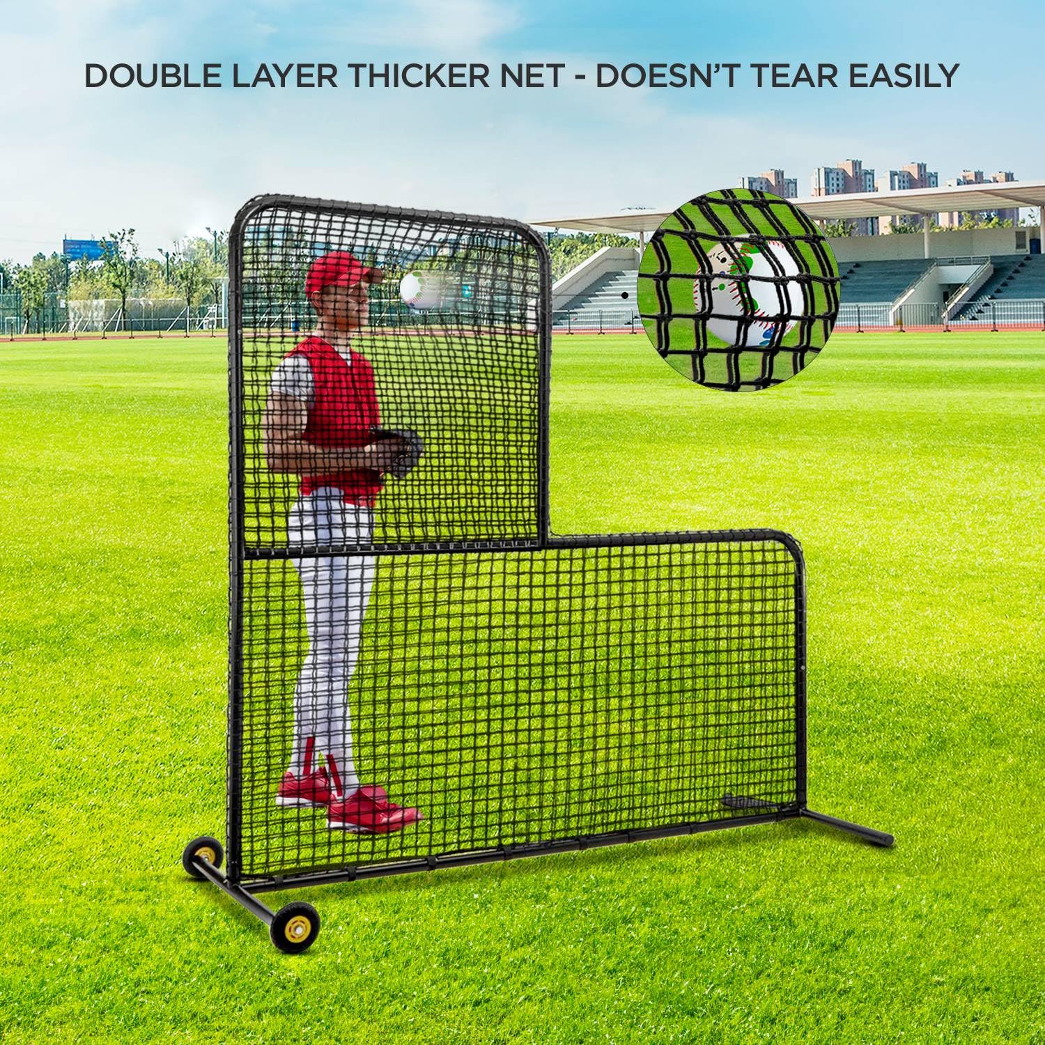 L Screen Baseball for Batting Cage Pitching Screen Portable 7x7 ft Protector Net with Rubber Wheels and Training Ball