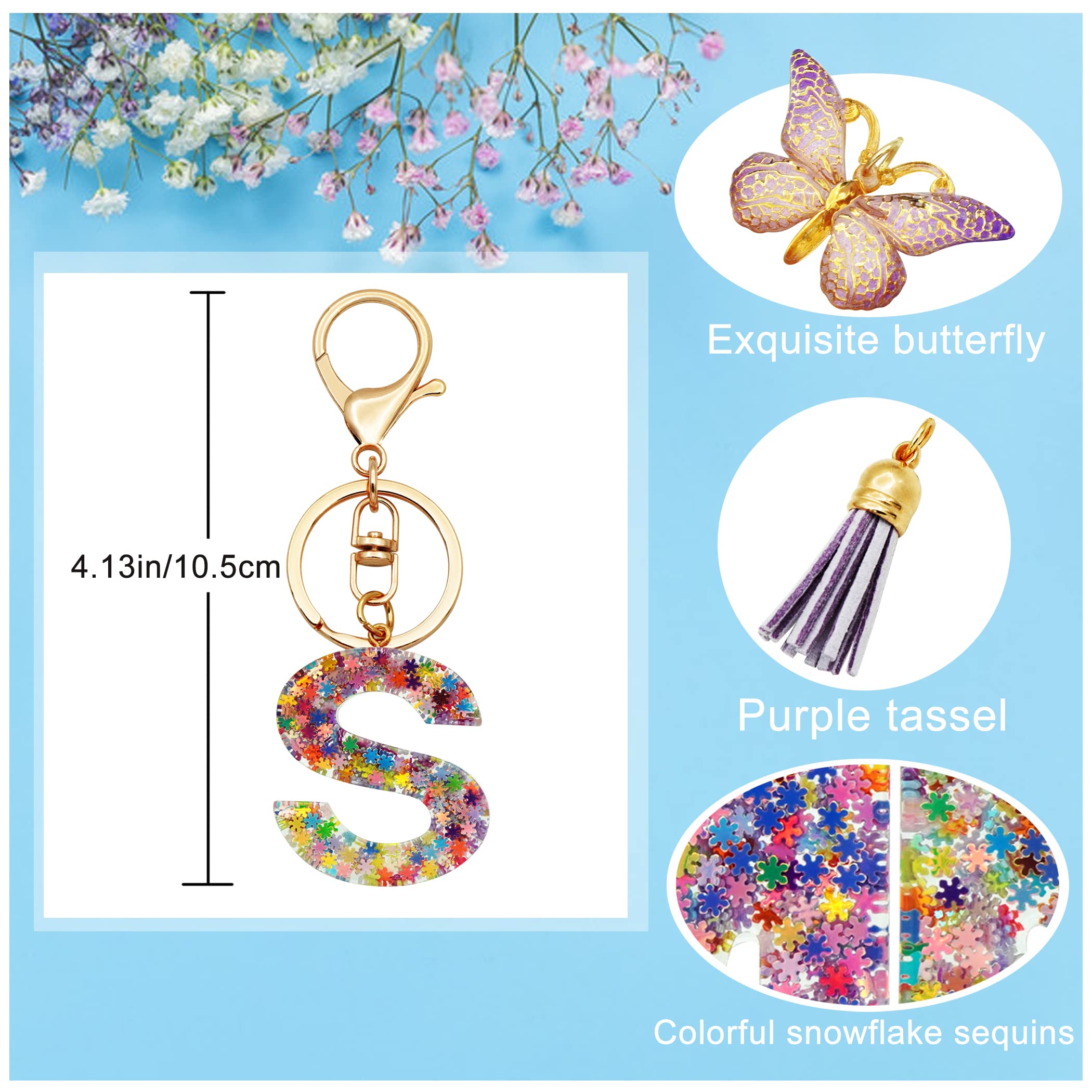 TTYY Initial Letter Keychain for Women Gift for Young Teenage Girl Gifts for Christmas to Mom Daughter Purple tassel (purple snow LetterS)