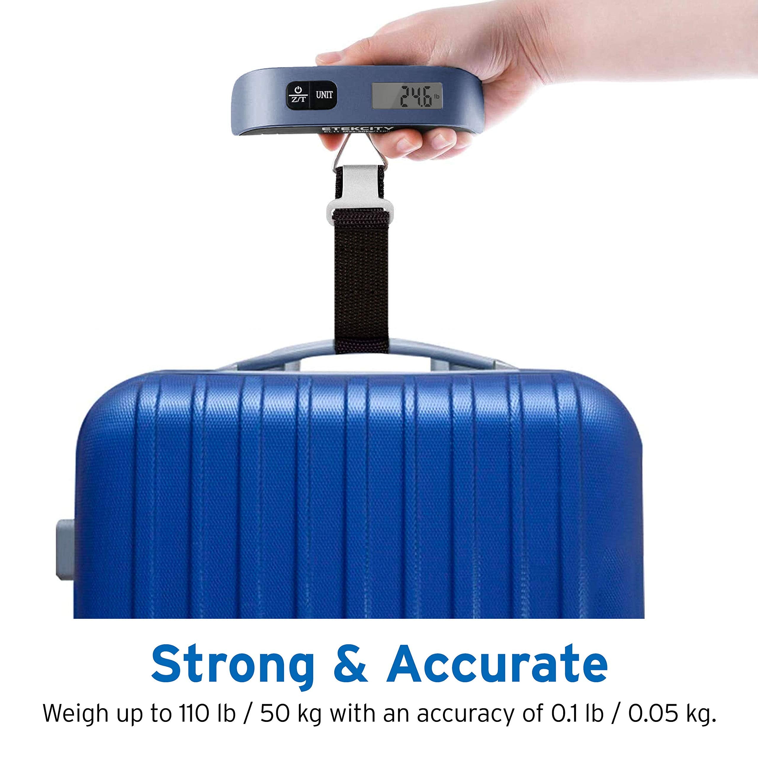 Etekcity Luggage Scale, Travel Essentials, Digital Suitcase Weight Scales for Travel Accessories, Hanging Baggage Scale with Temperature Sensor, Rubber Paint, 110 Pounds, Battery Included, Blue